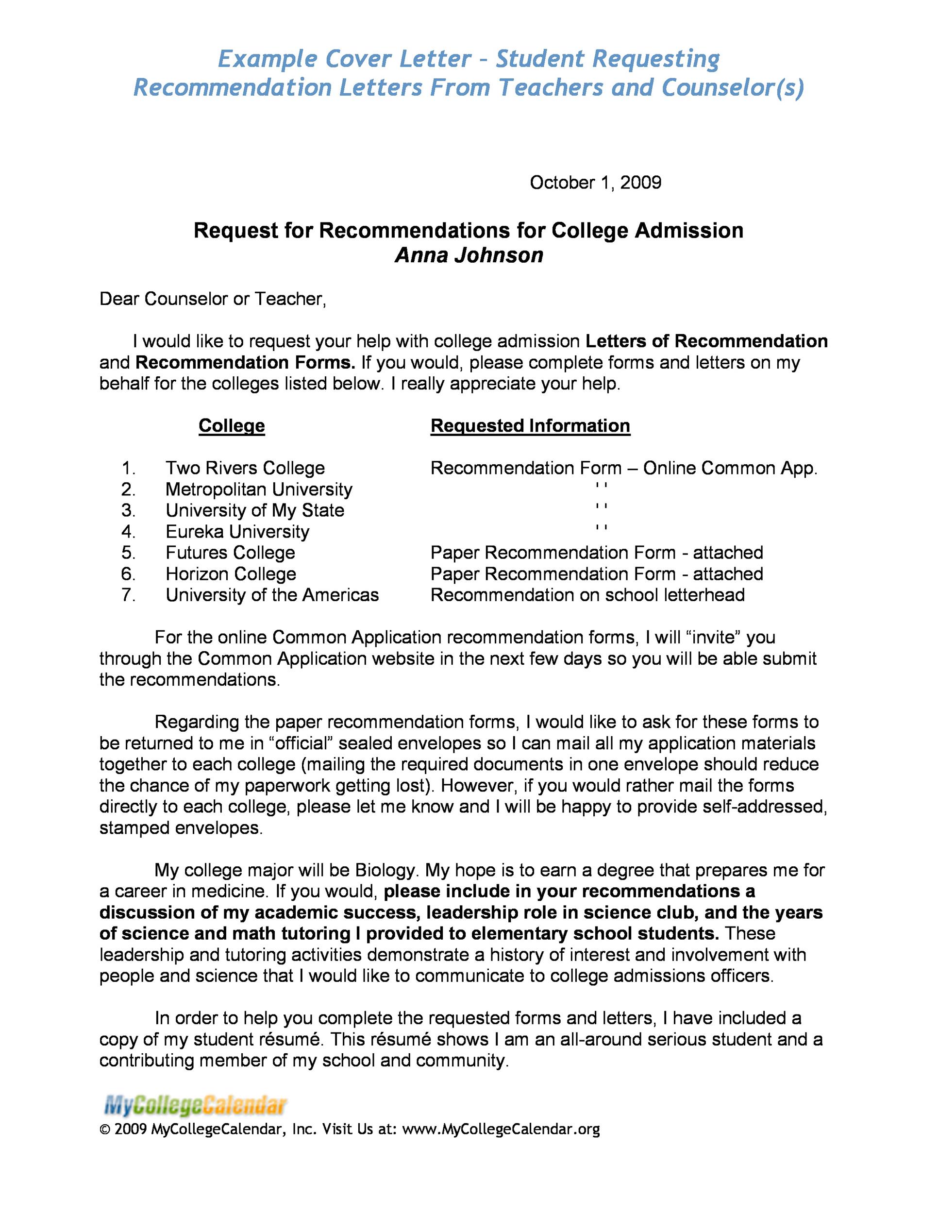 Example Cover Letter - Student Reuesting