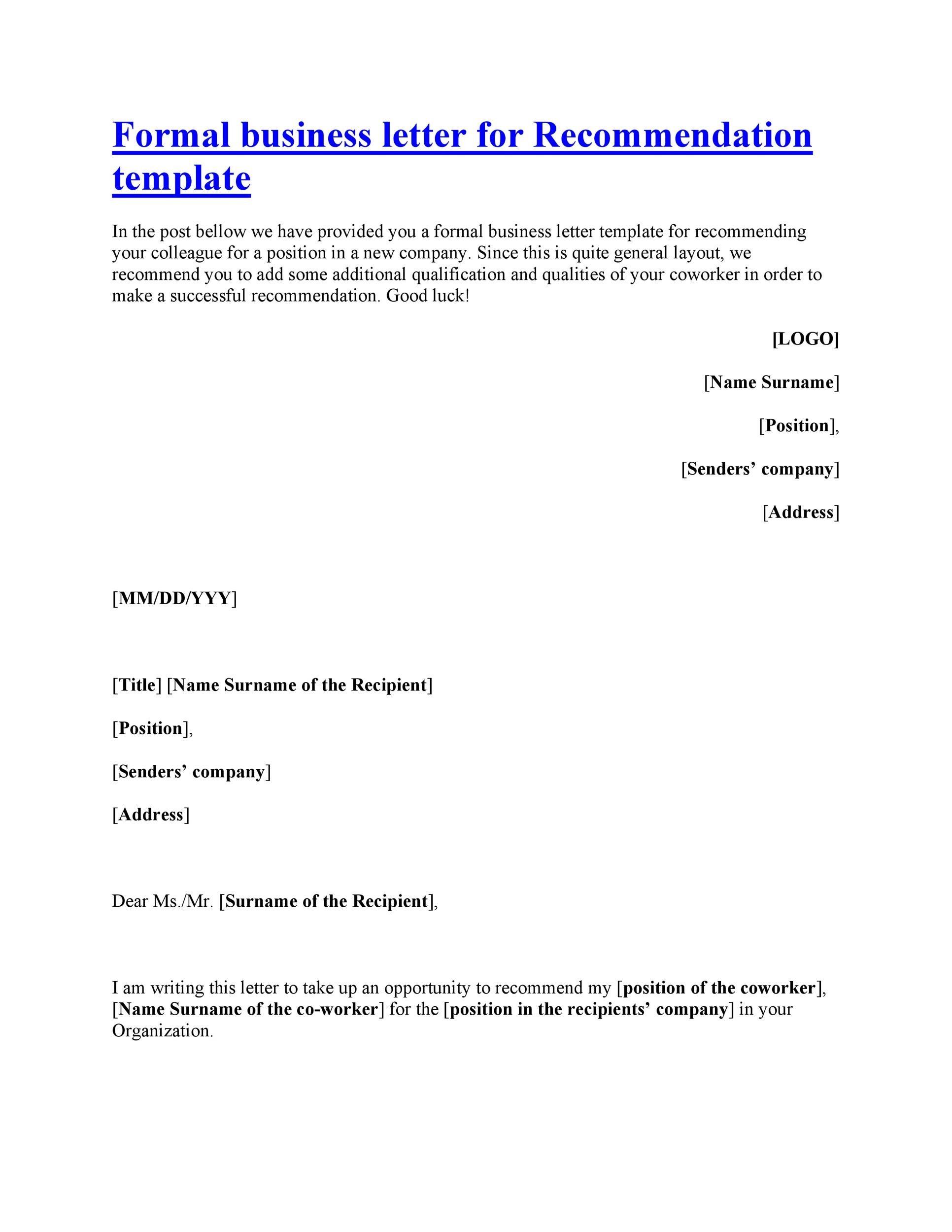 Business Letter of Recommendation Template