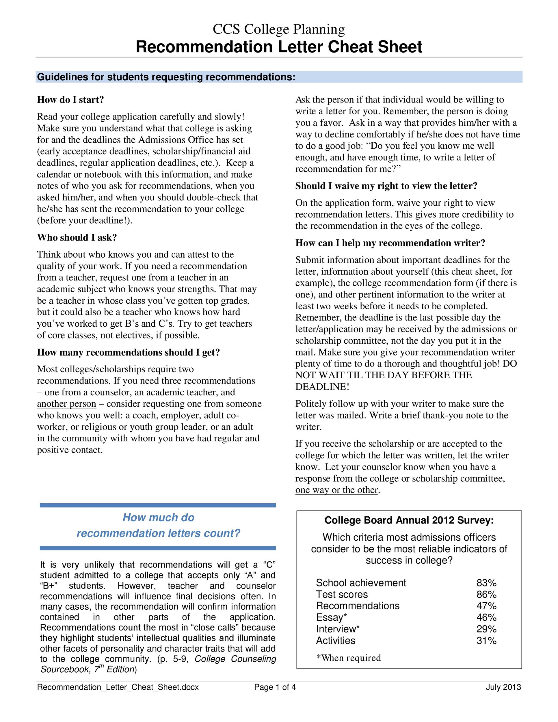 Recommendation Letter Chear Sheet