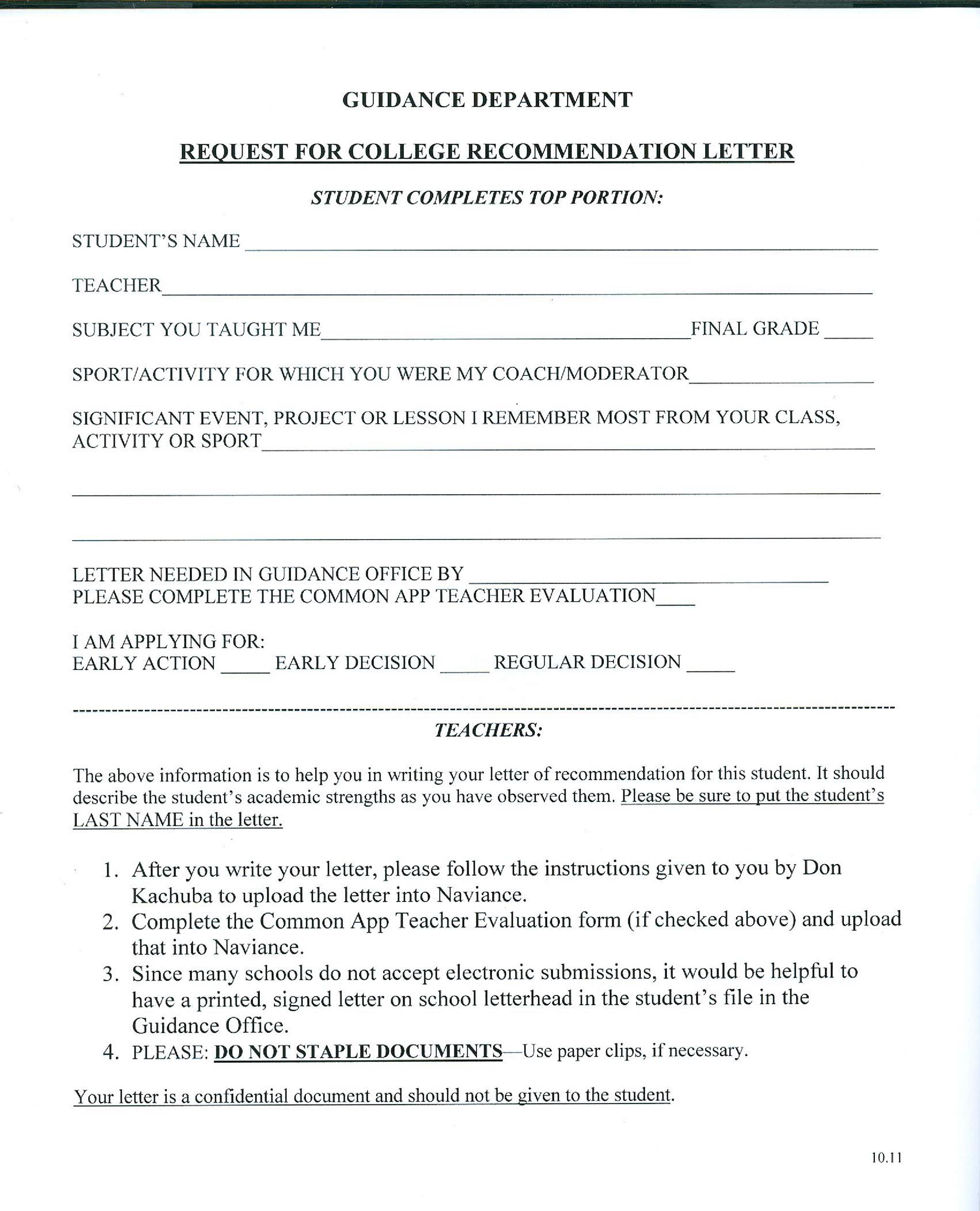 Request for College Recommendation Letter