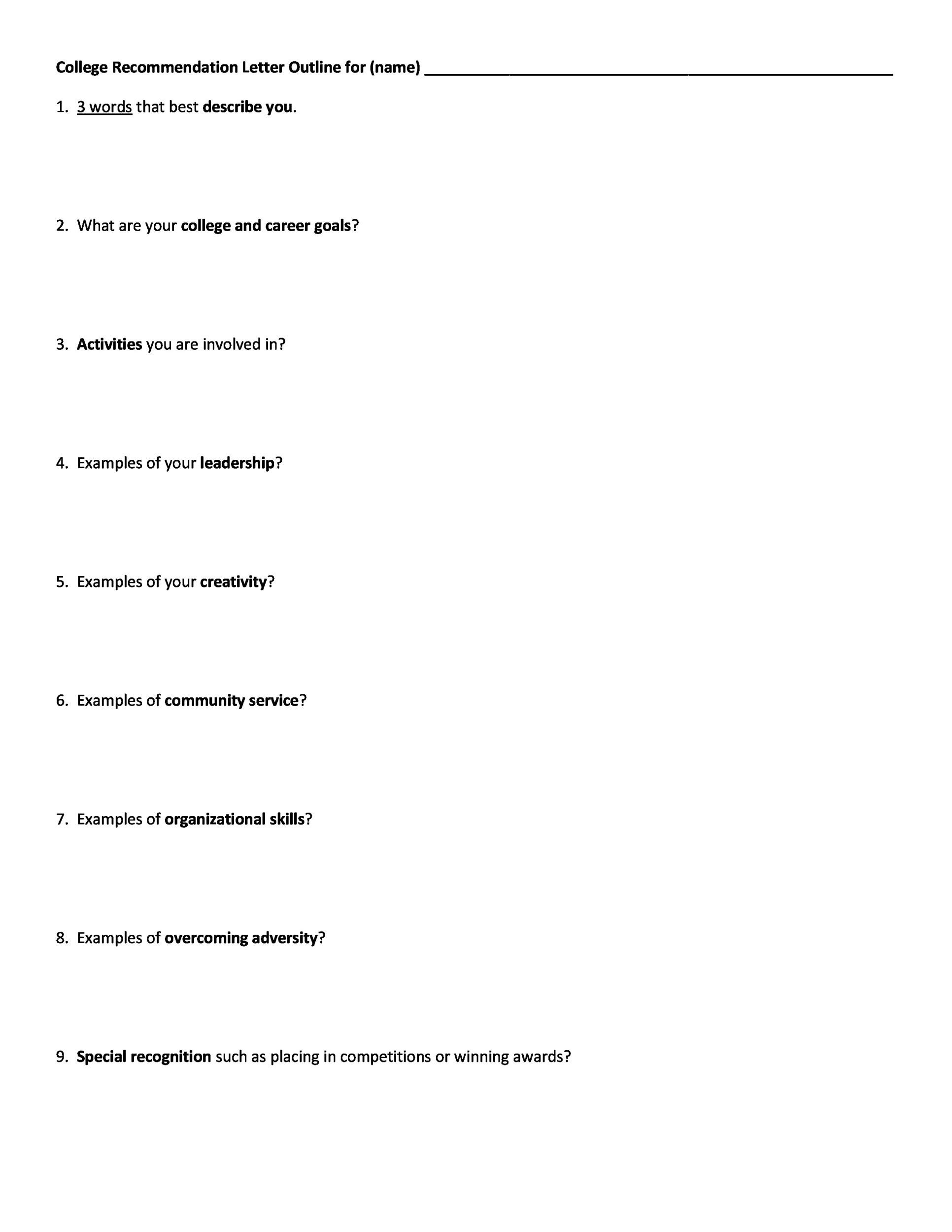 College Recommendation Letter Outline
