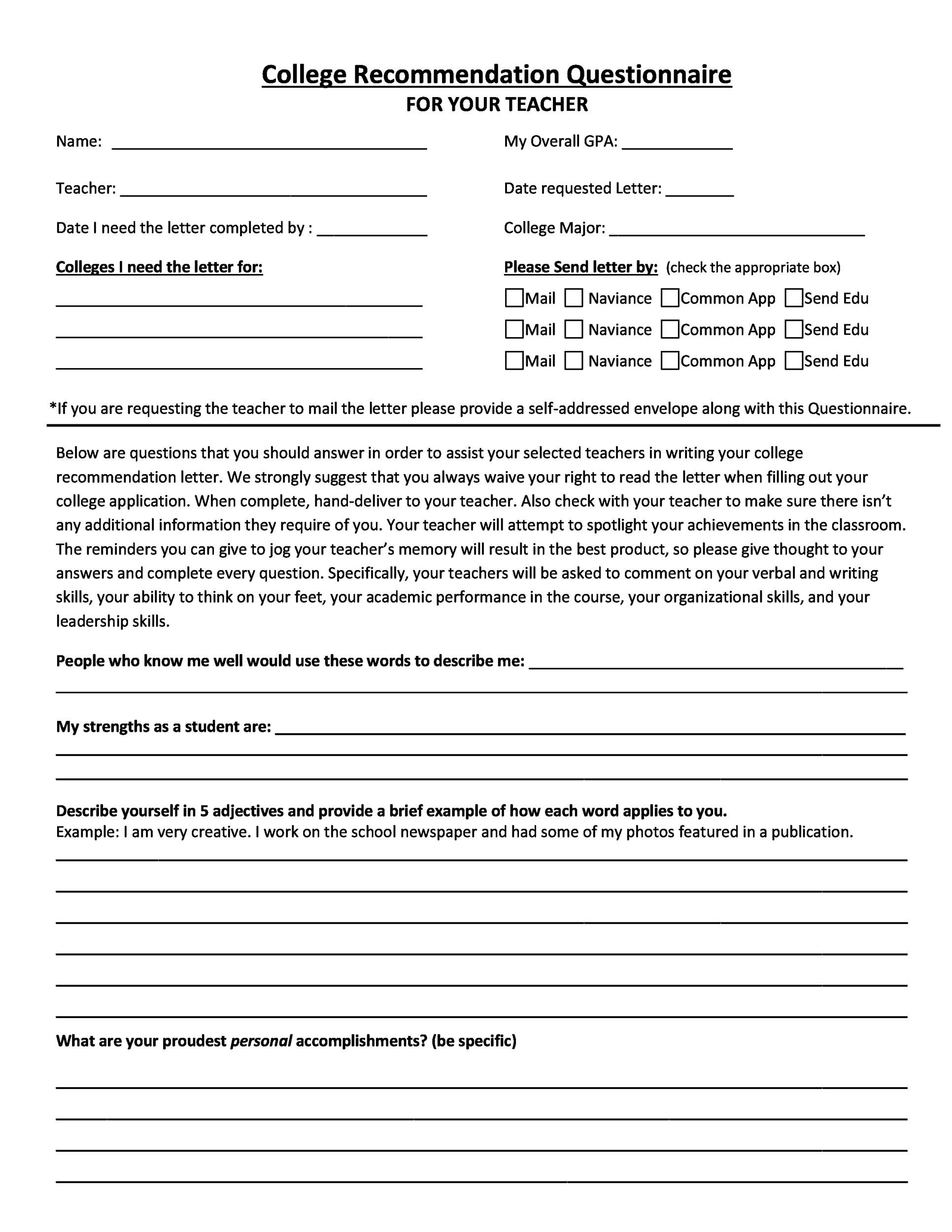 College Recommendation Questionnaire