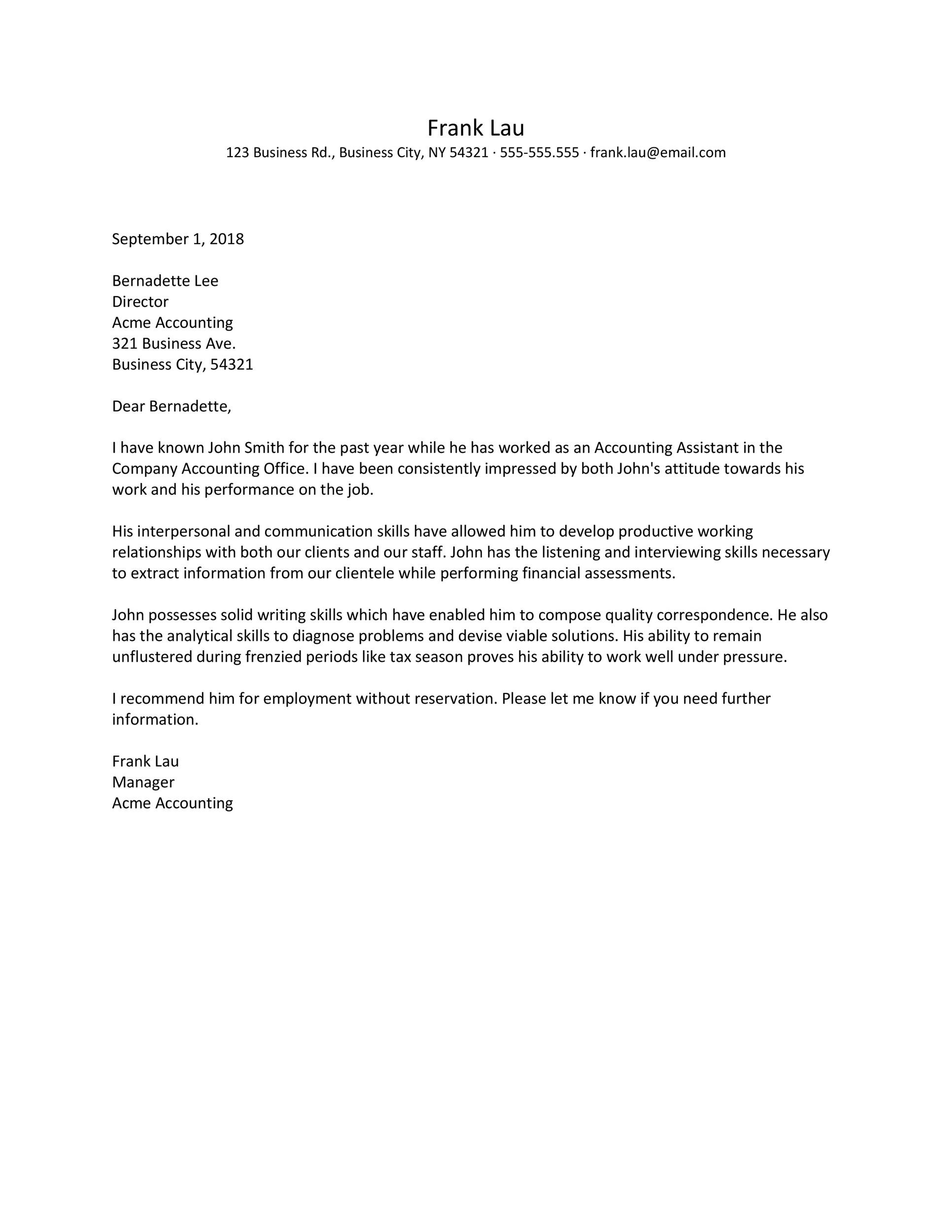 Sample Recommendation Letter from Manager