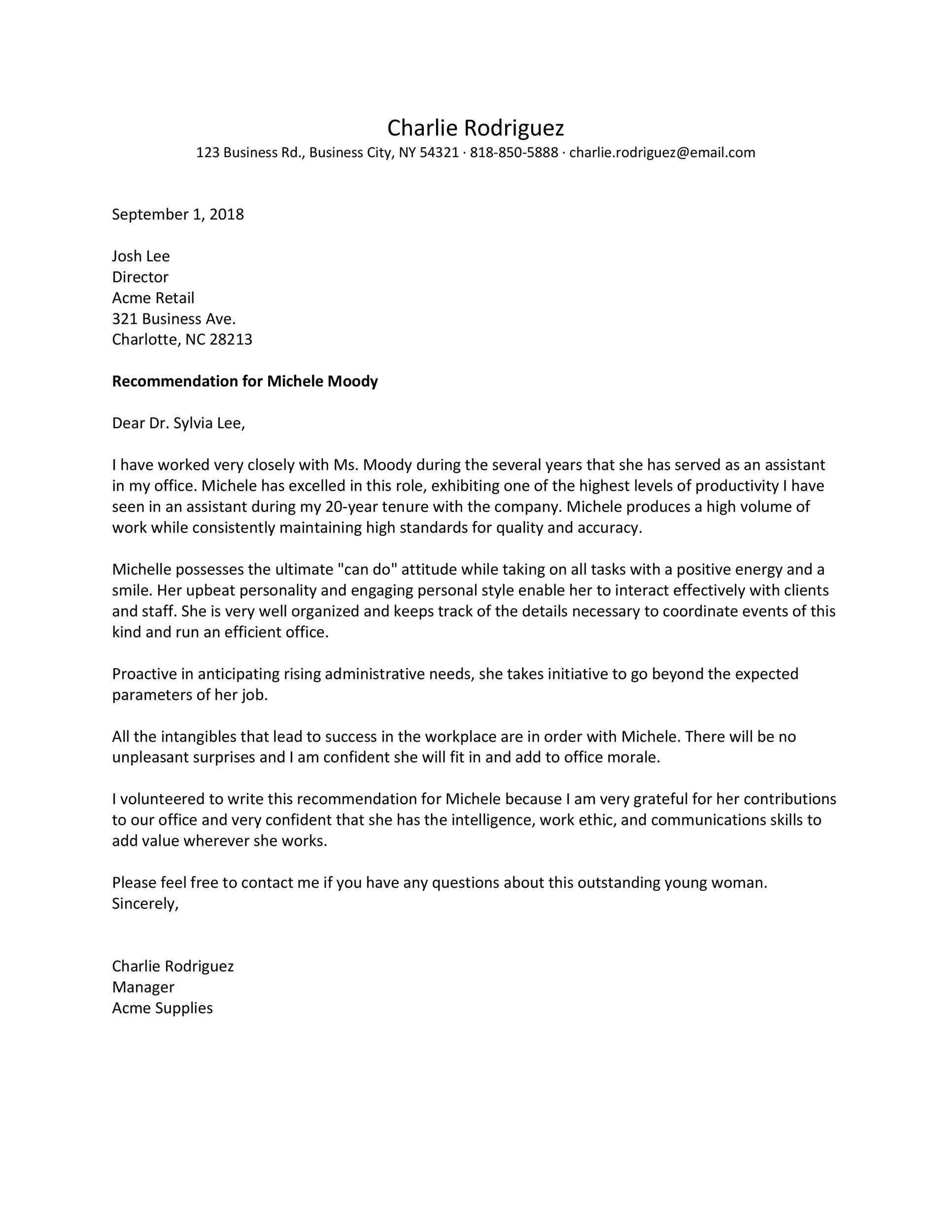 Recommendation Letter from Manager Example