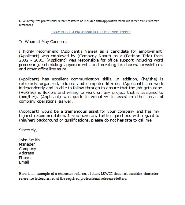 Example of a Professional Reference Letter