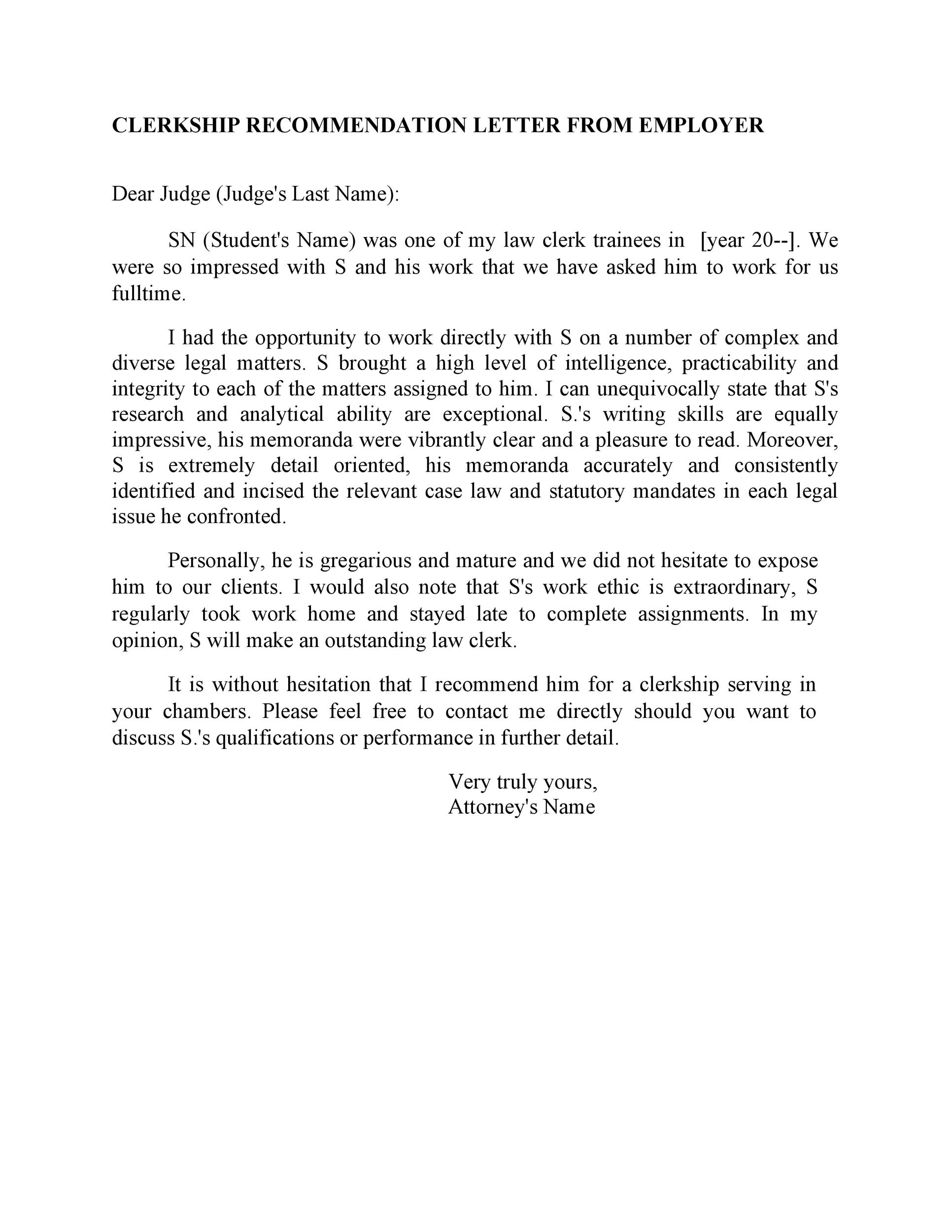 Clerkship Recommendation Letter from Employer