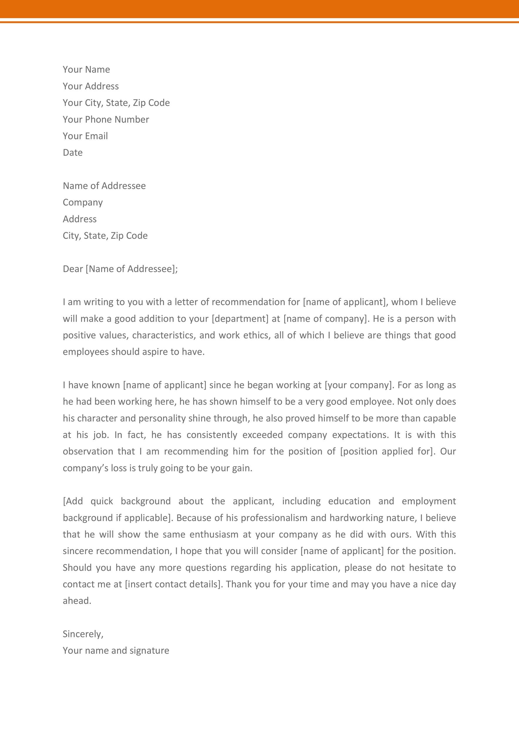 Recommendation Letter from Manager Format