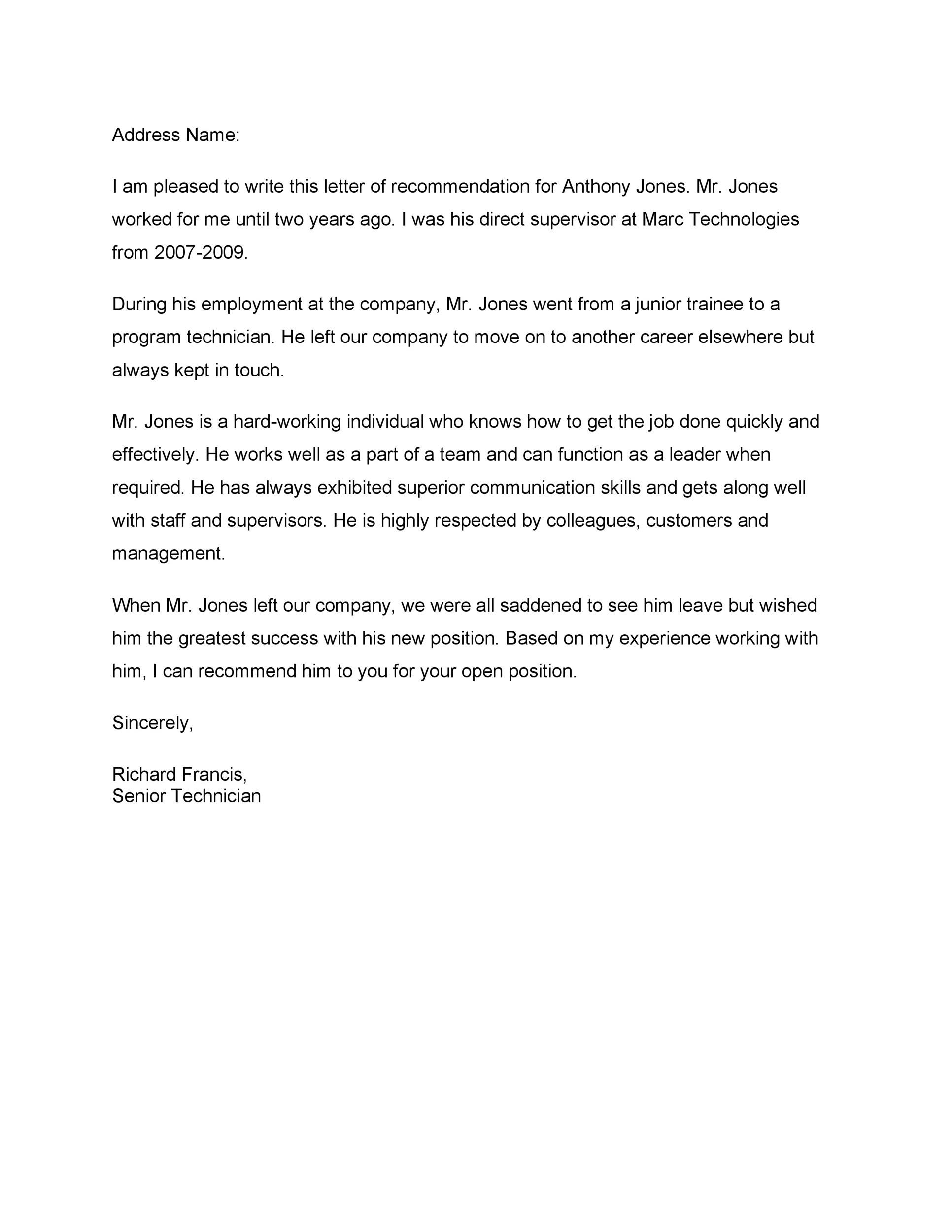 Recommendation Letter from Manager Template