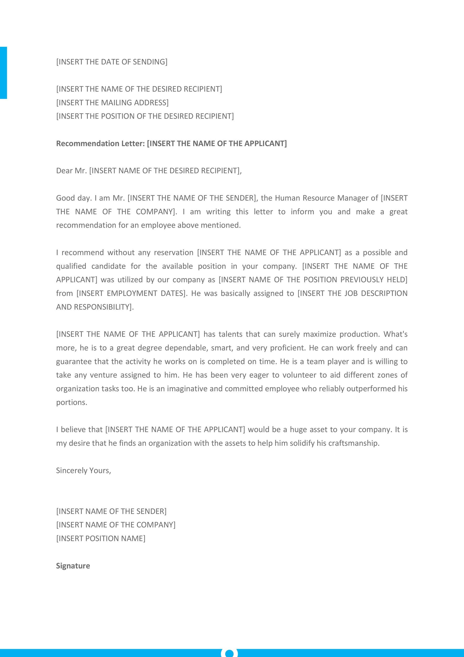 Recommendation Letter from Manager Outline