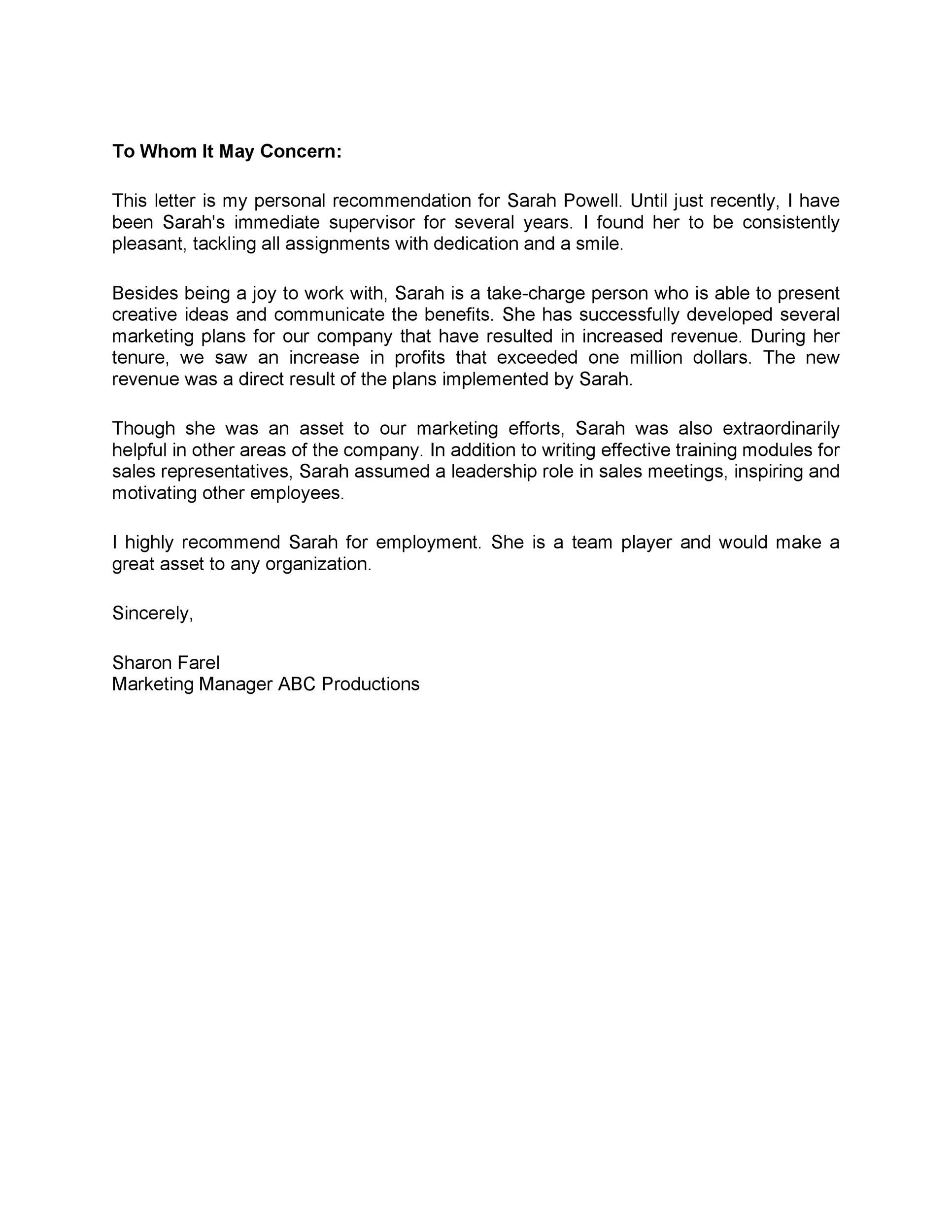 Sample Recommendation Letter from Exmployer