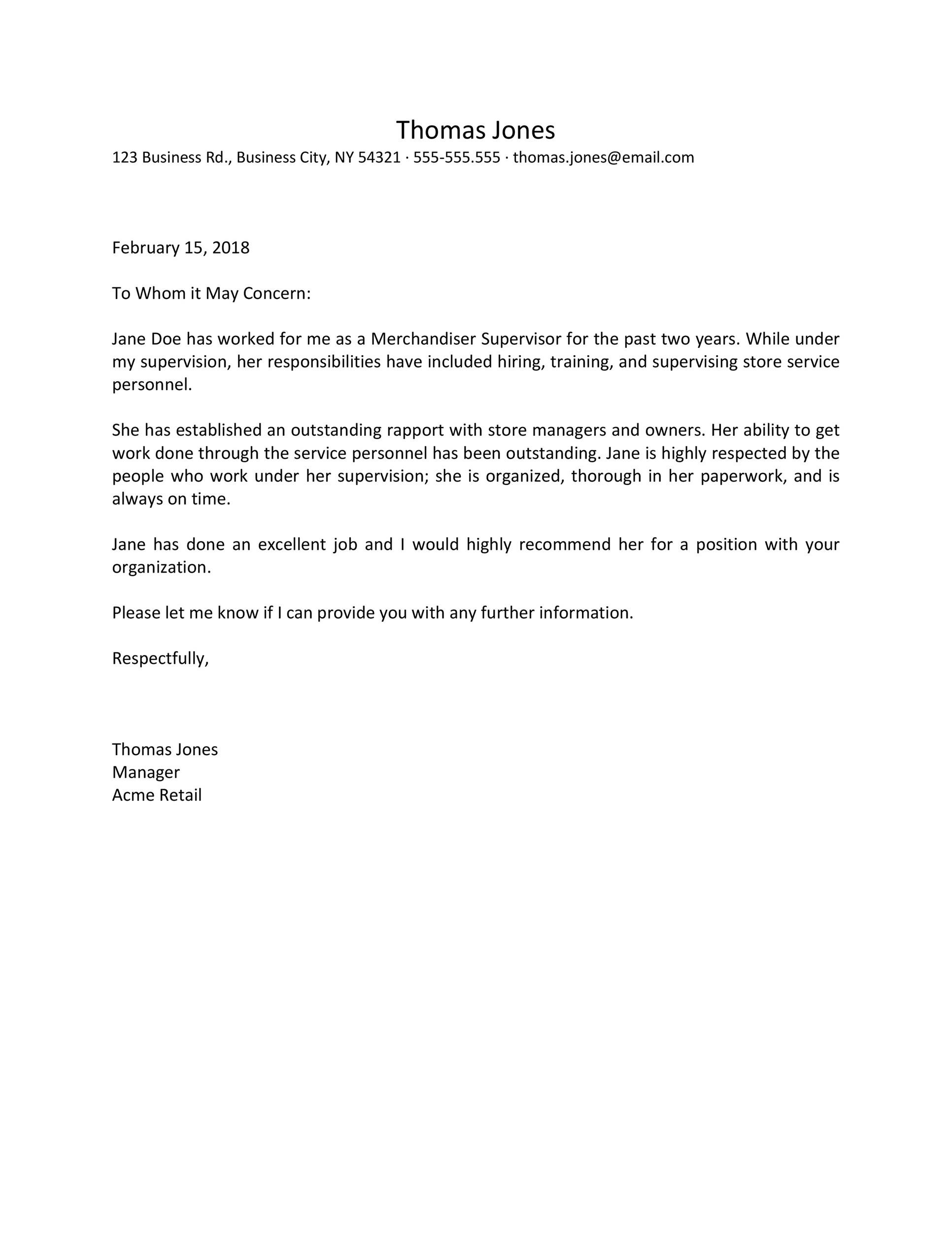 Simple Letter of Recommendation from Manager