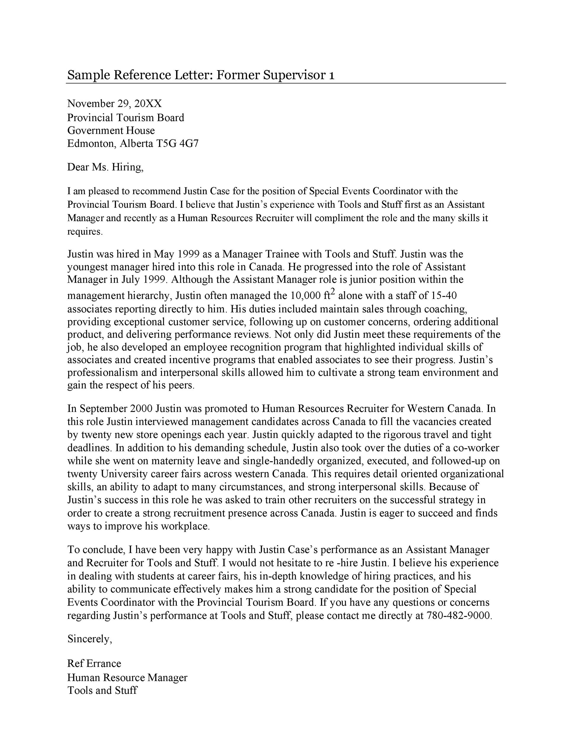 Sample Reference Letter: Former Supervisior