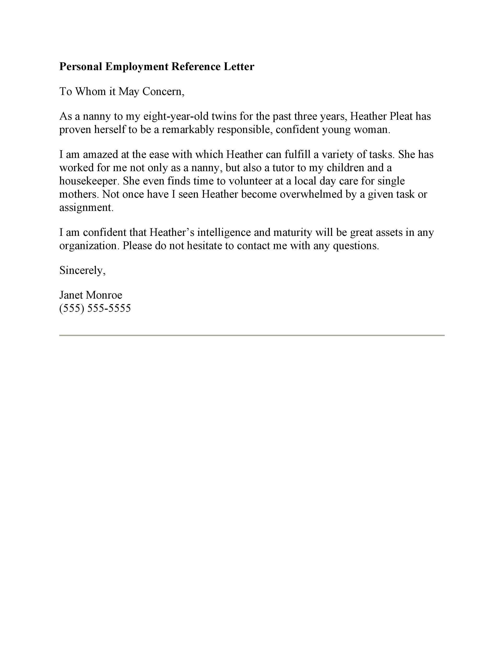 Personal Employment Reference Letter