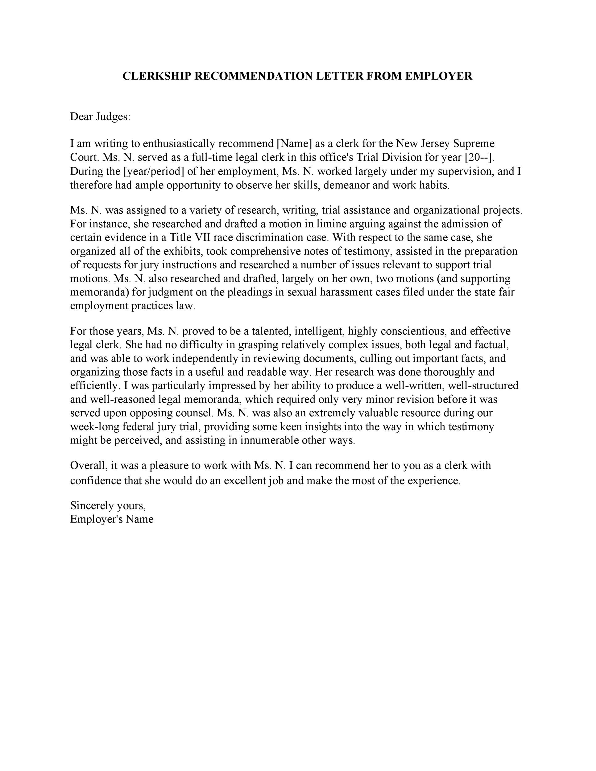Clerkship Recommendation Letter form Employer