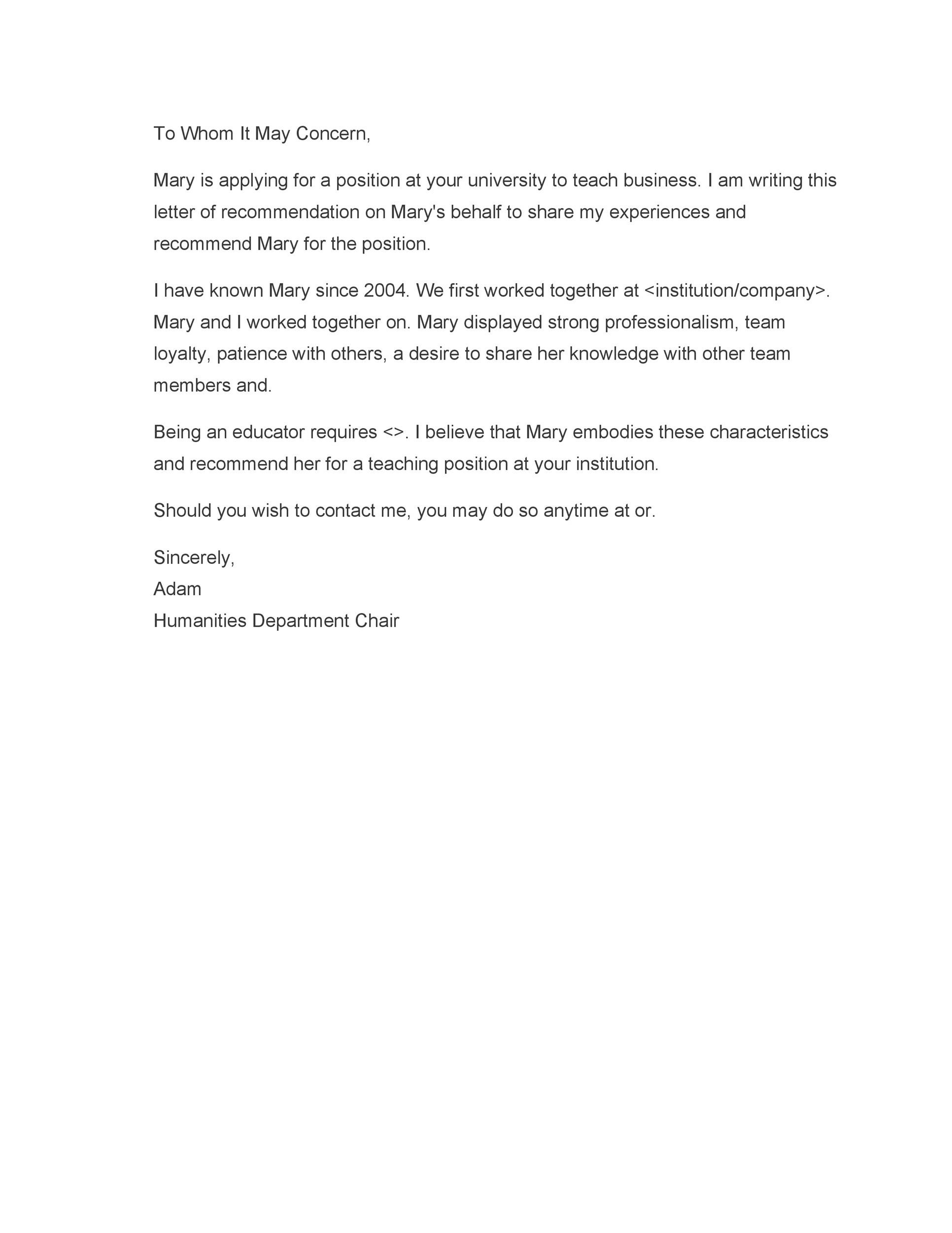 Short Recommendation Letter from Manager