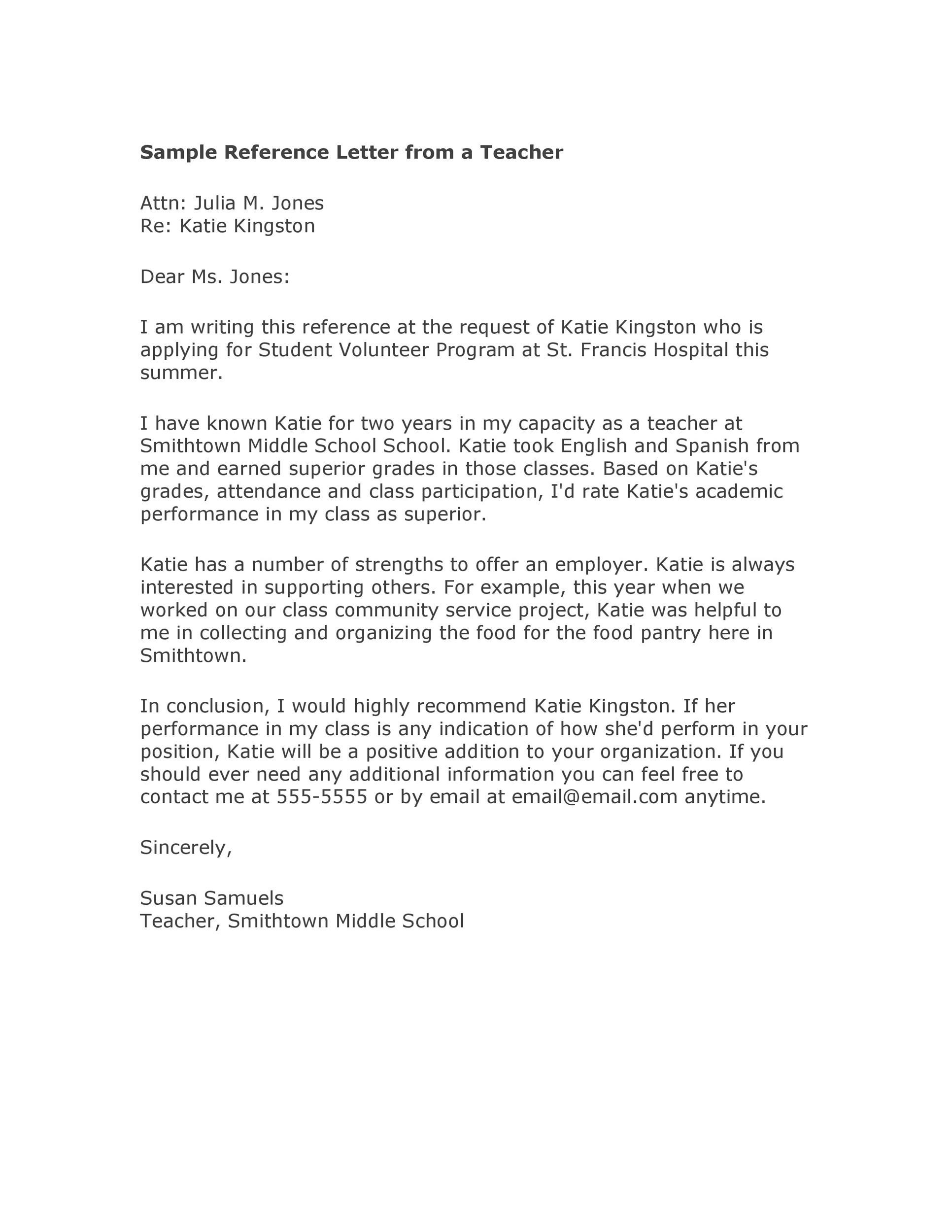 Sample Reference Letter from a Teacher