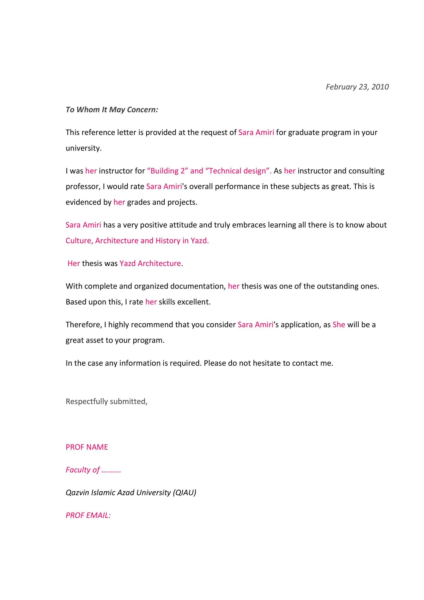 Reference Email from a Teacher Example