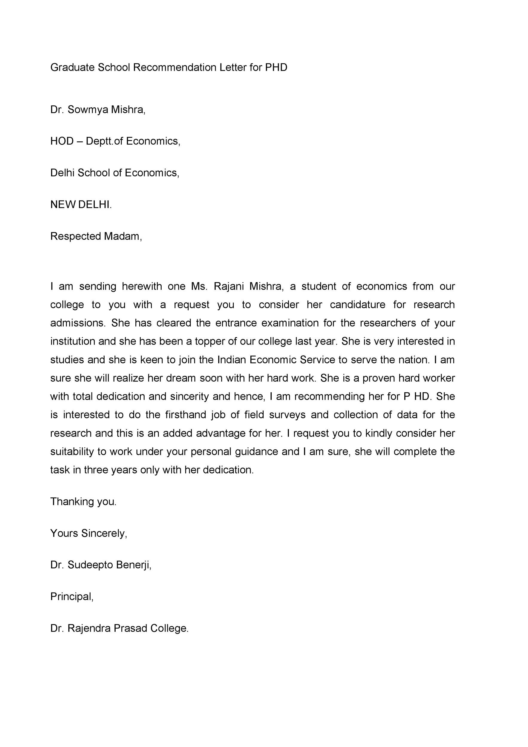 Graduate School Recommendation Letter for PhD