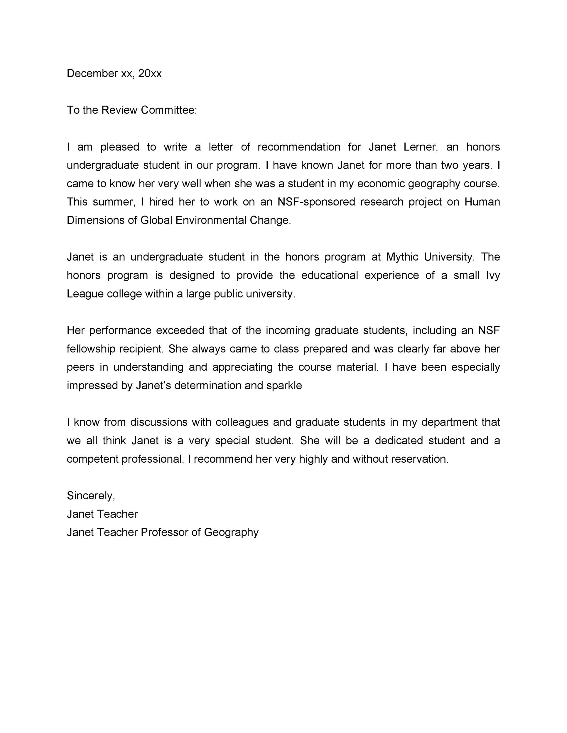 Reference Letter from a Teacher Sample