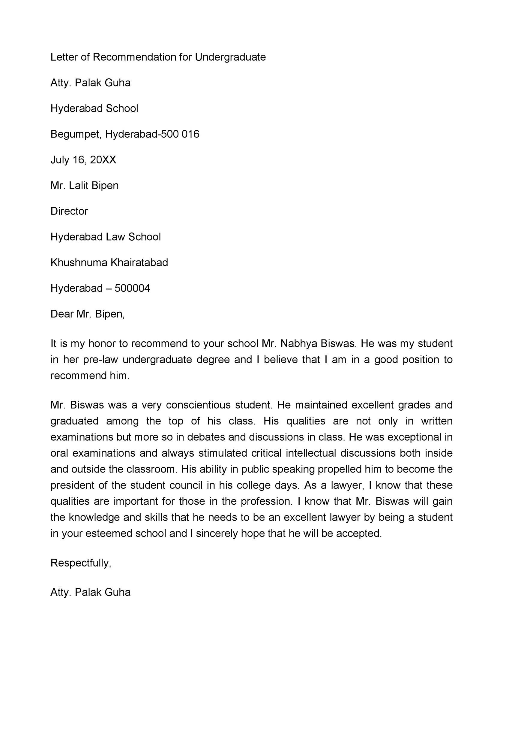 Letter of Recommendation for Undergraduate
