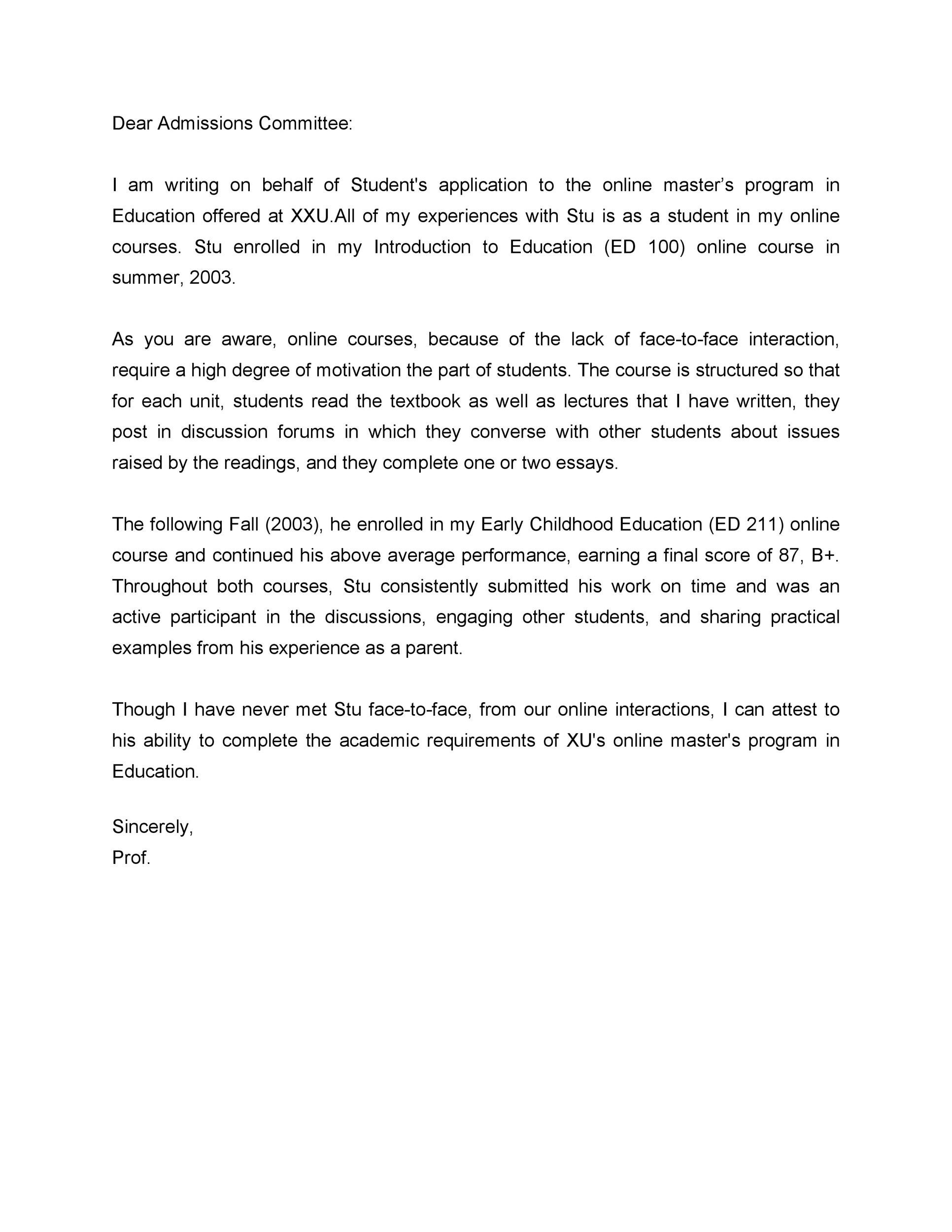 Recommendation Letter from Teacher Sample