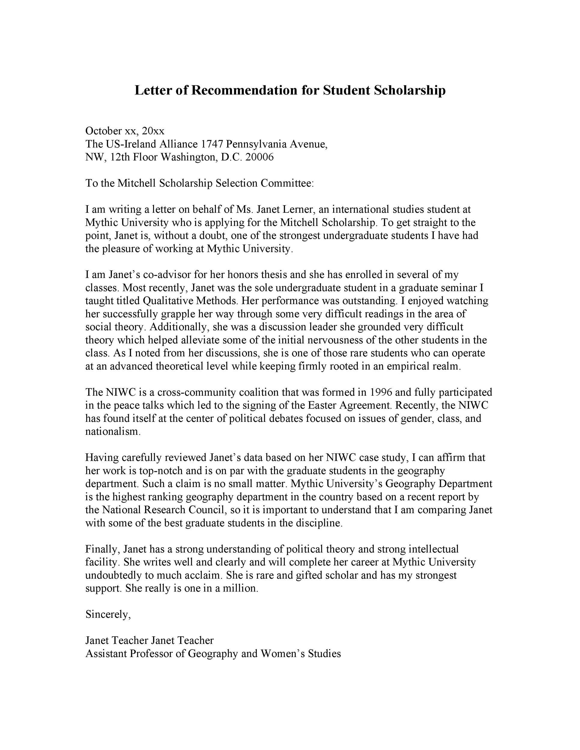 Letter of Recommendation for  Scholarship