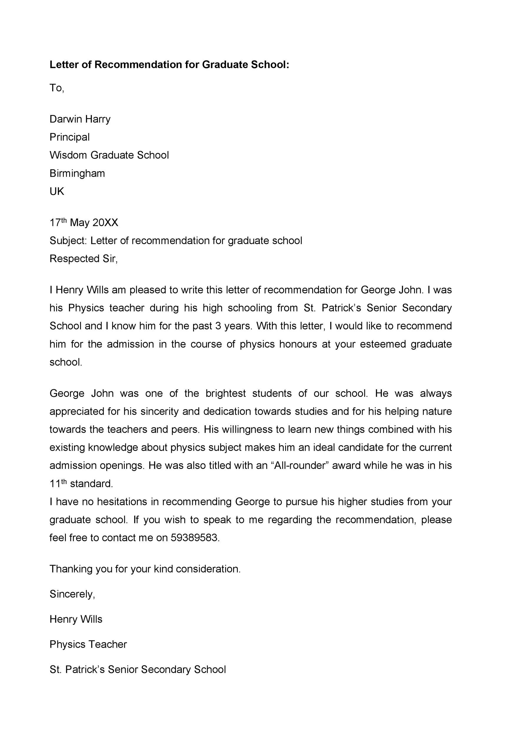 Letter of Recommendation for Graduate School