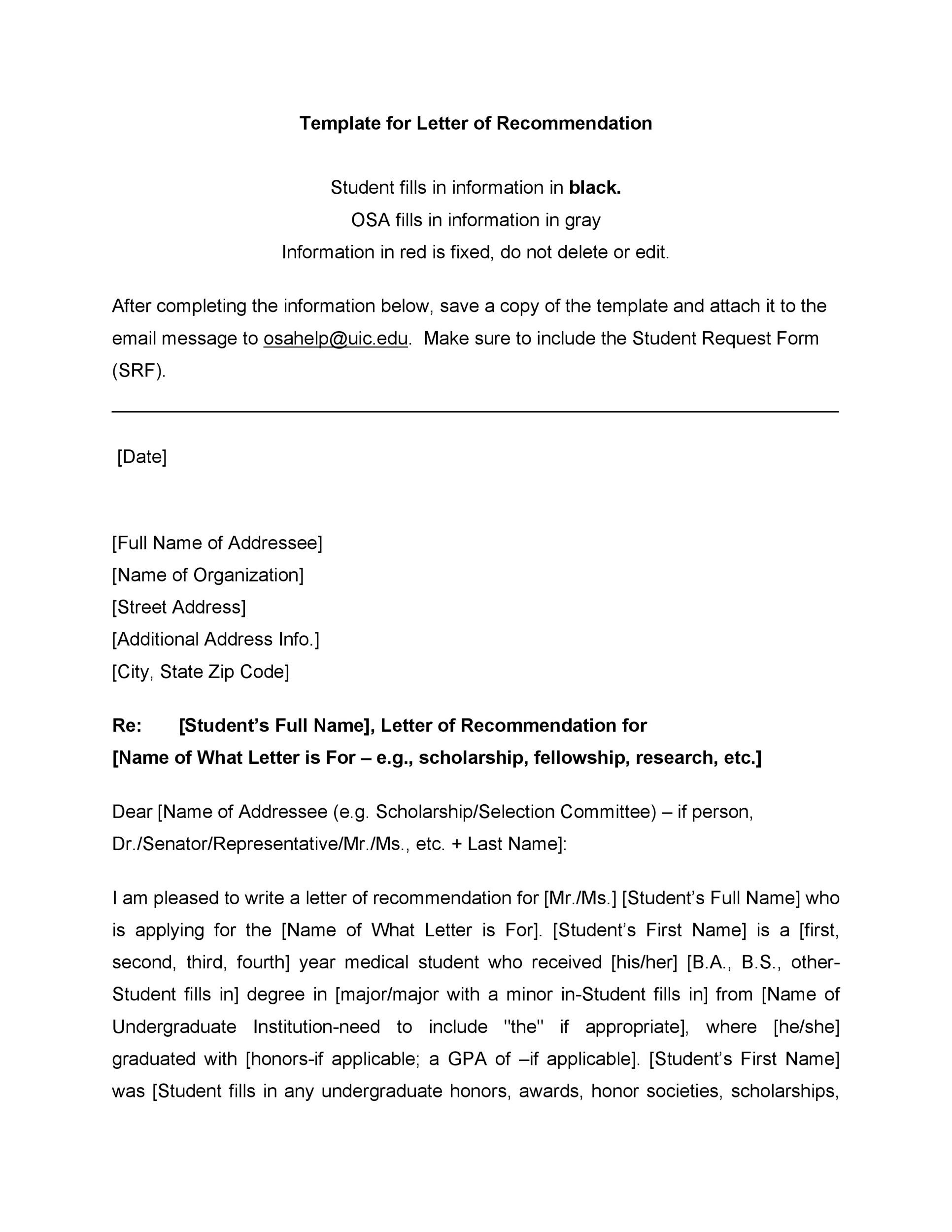 Template for Letter of Recommendation
