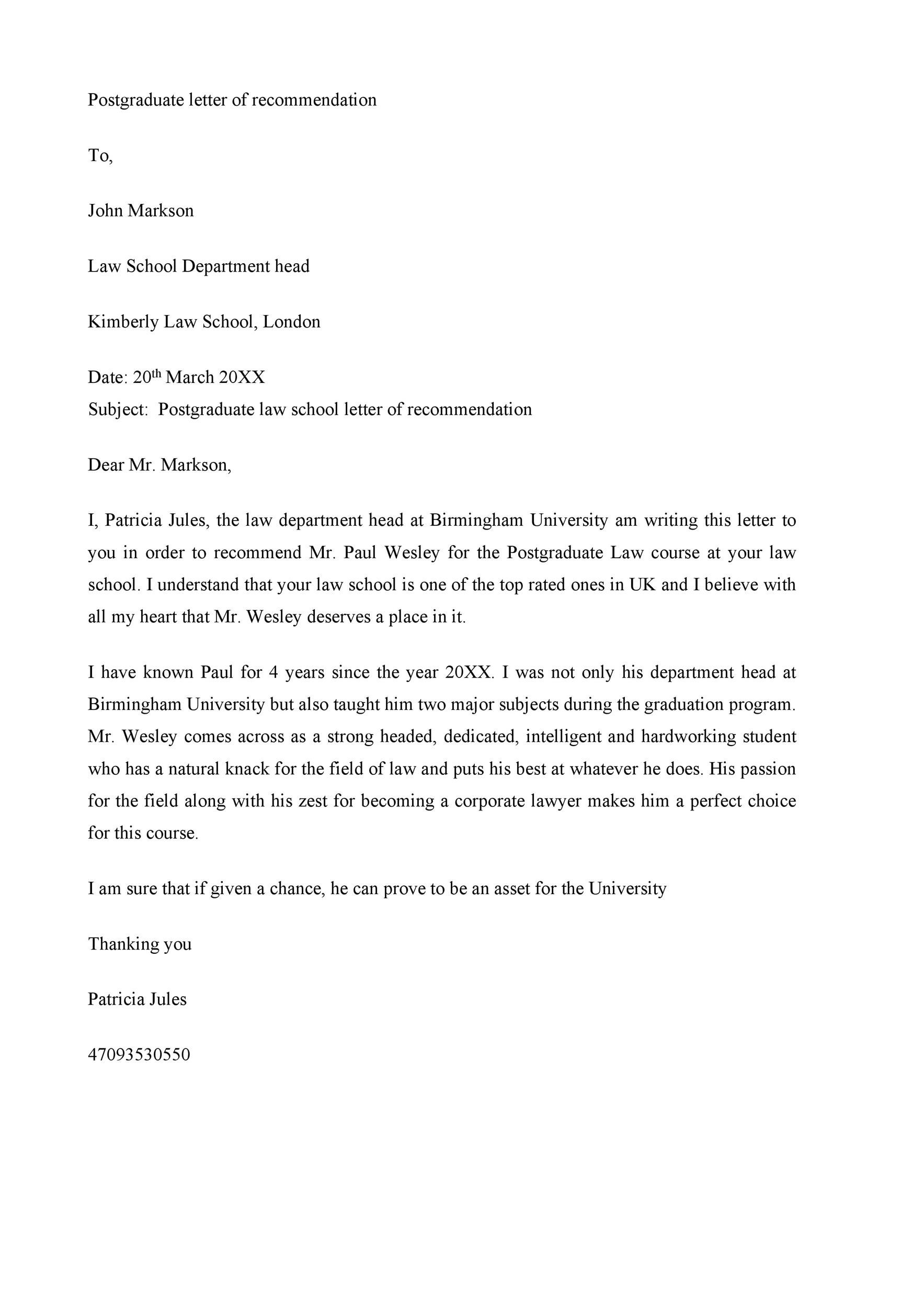 Postgraduate Letter of Recommendation