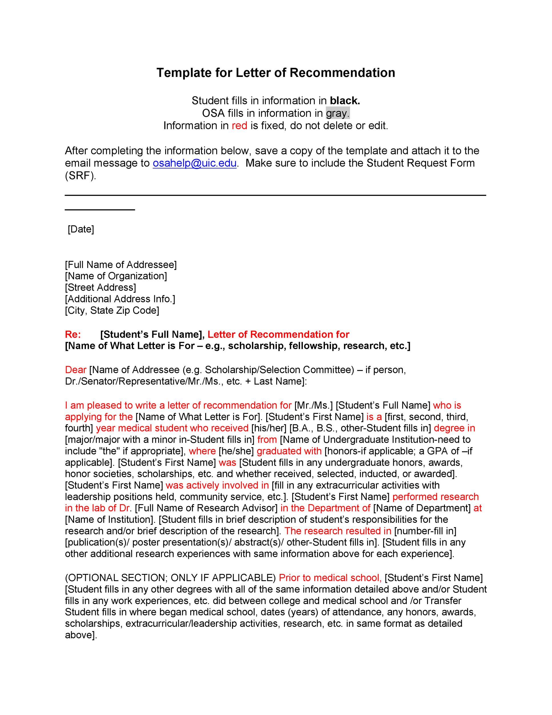 Template for Letter of Recommendation