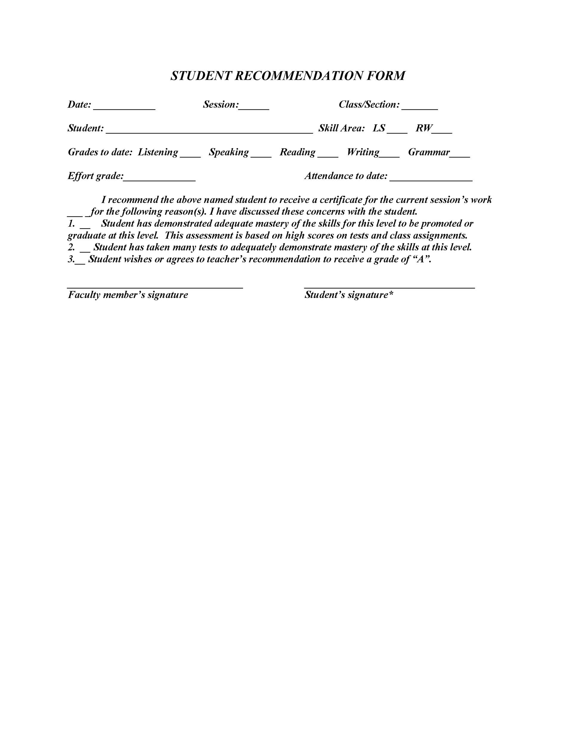Student Recommendation Form