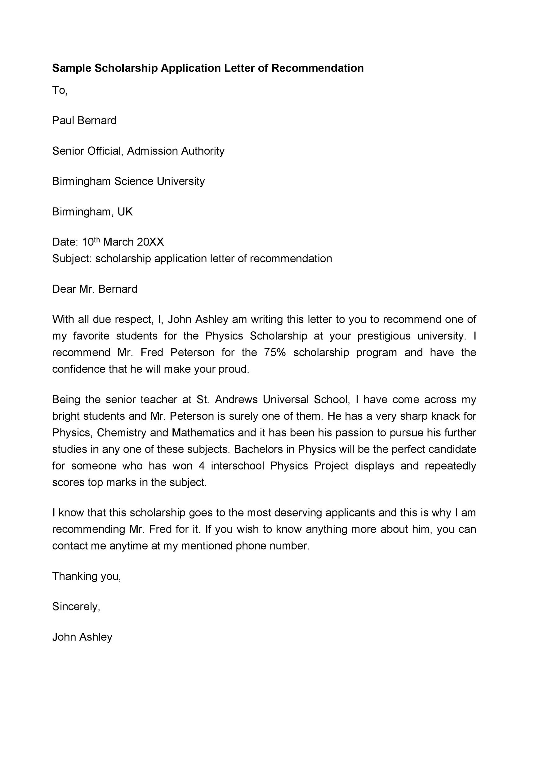 Sample Scholarship Application Letter