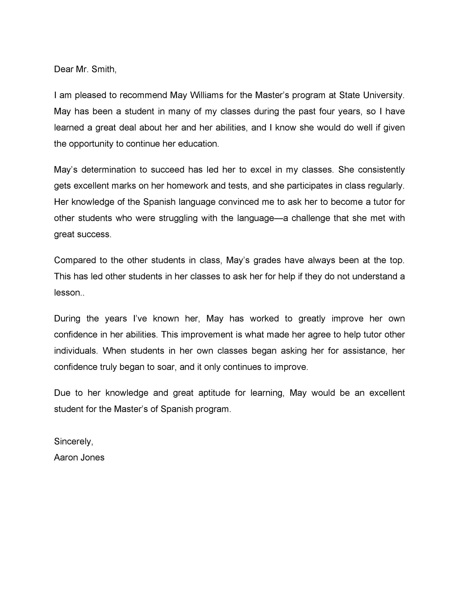Example Recommendation Letter from Teacher