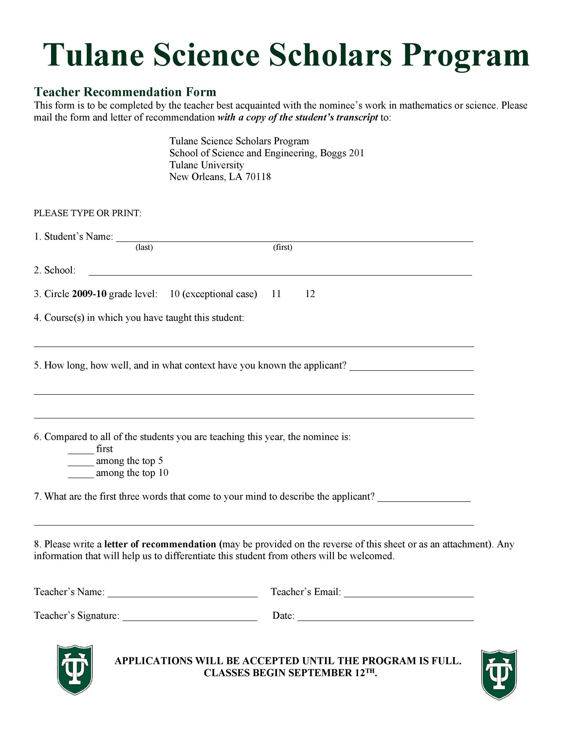 Teacher Recommendation Form