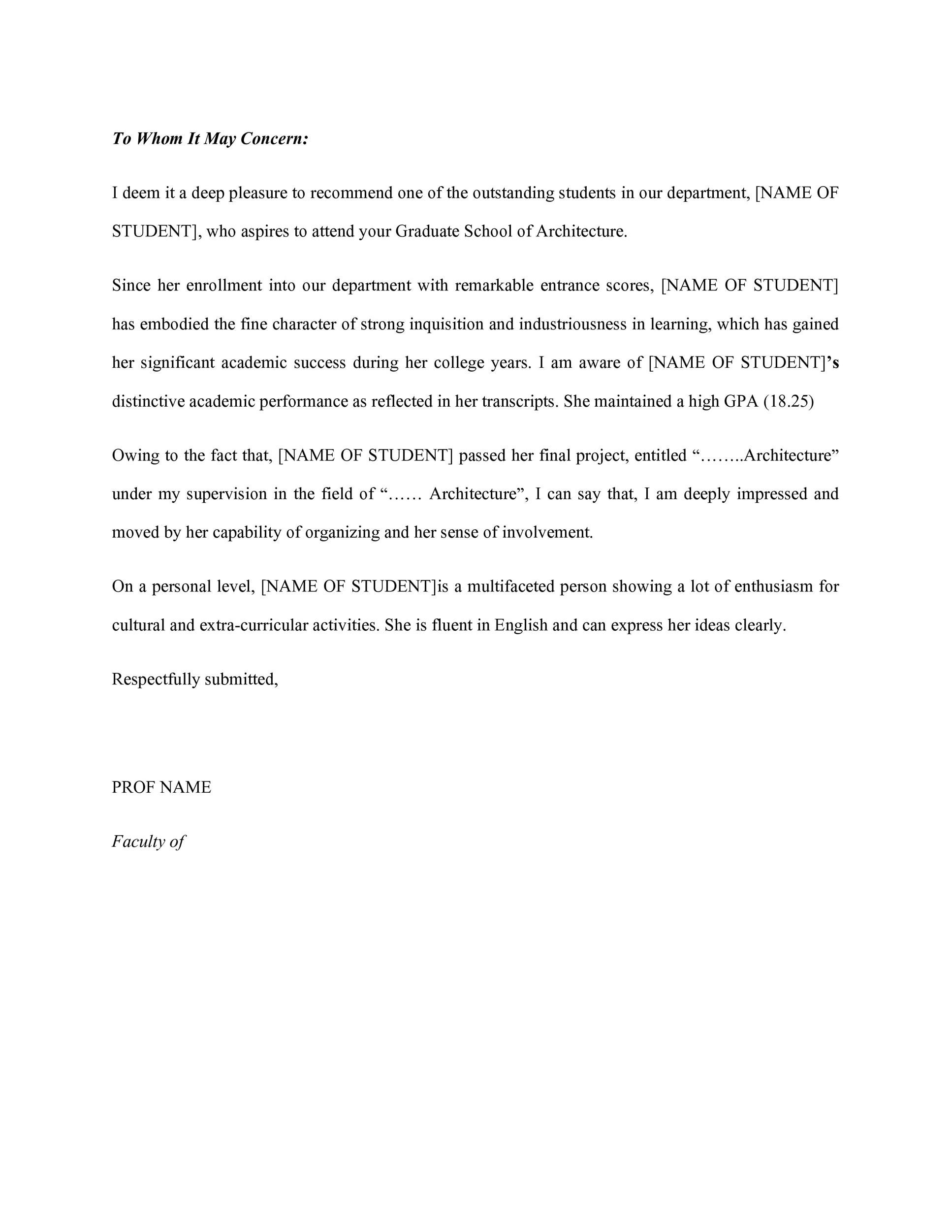 Graduate School Recommendation Letter