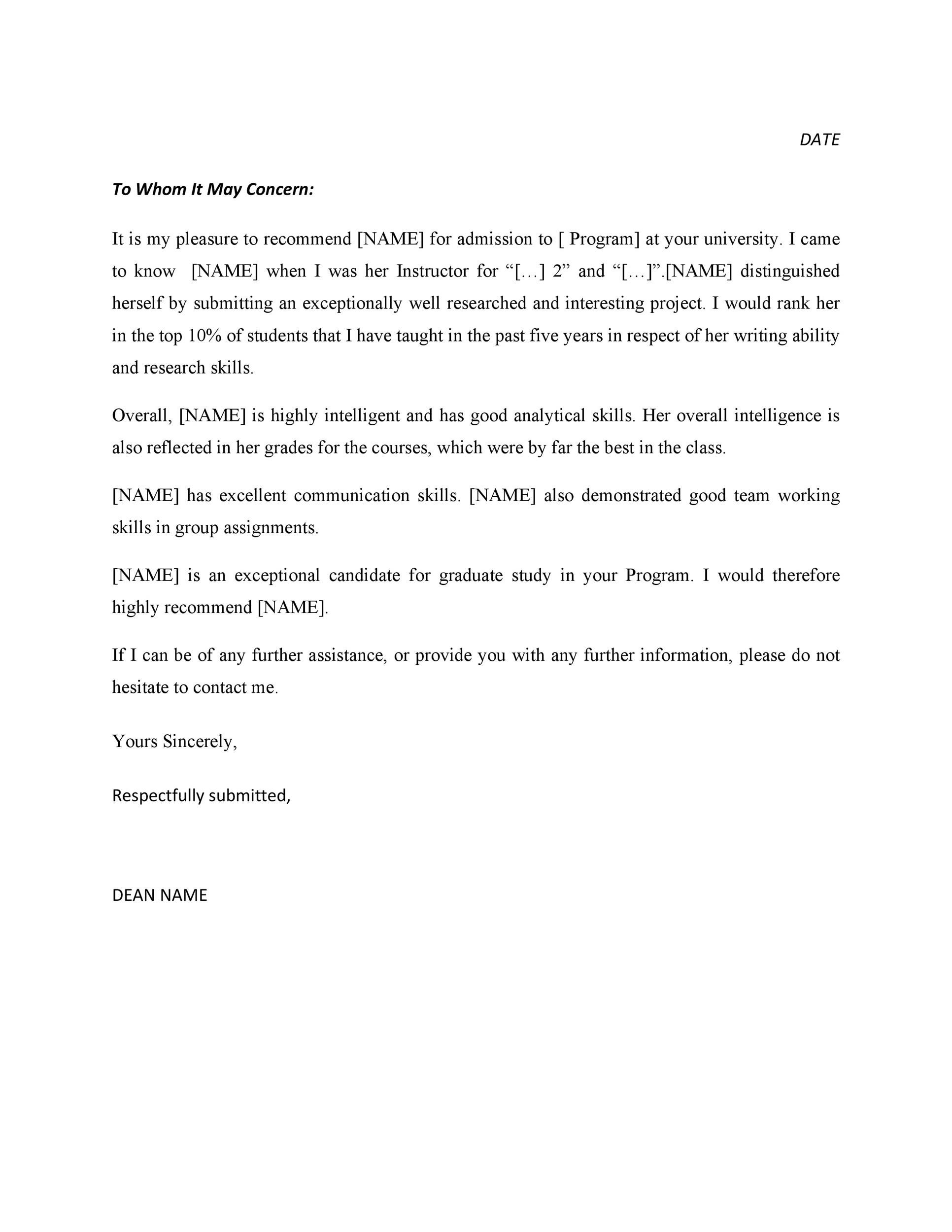Student Recommendation Letter Outline