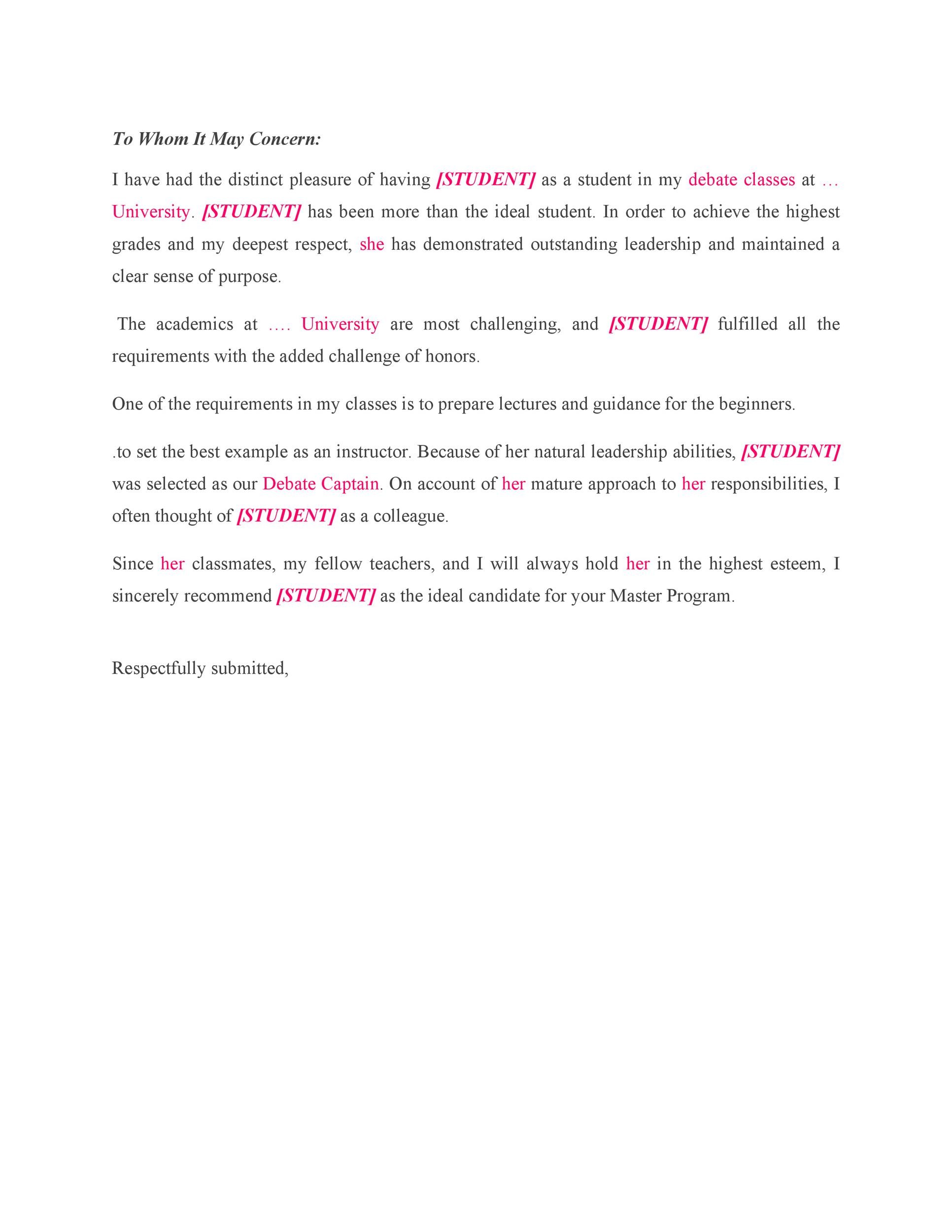 Recommendation Letter from Teacher Template