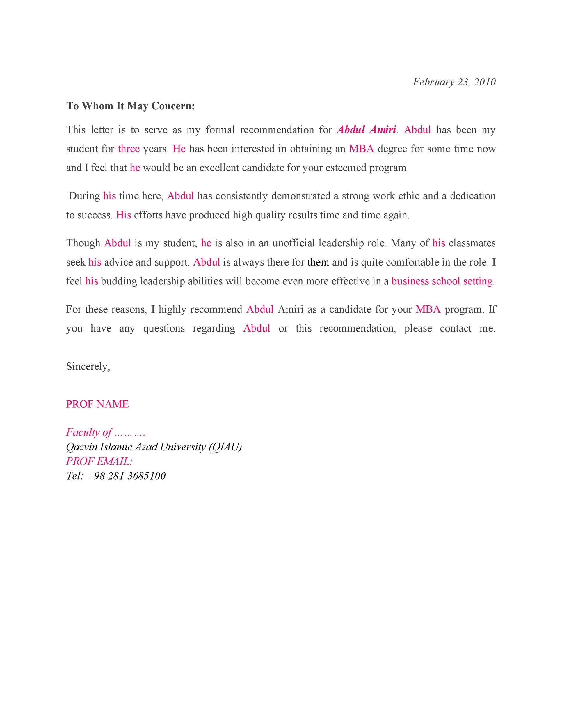 Academic Recommendation Letter Sample