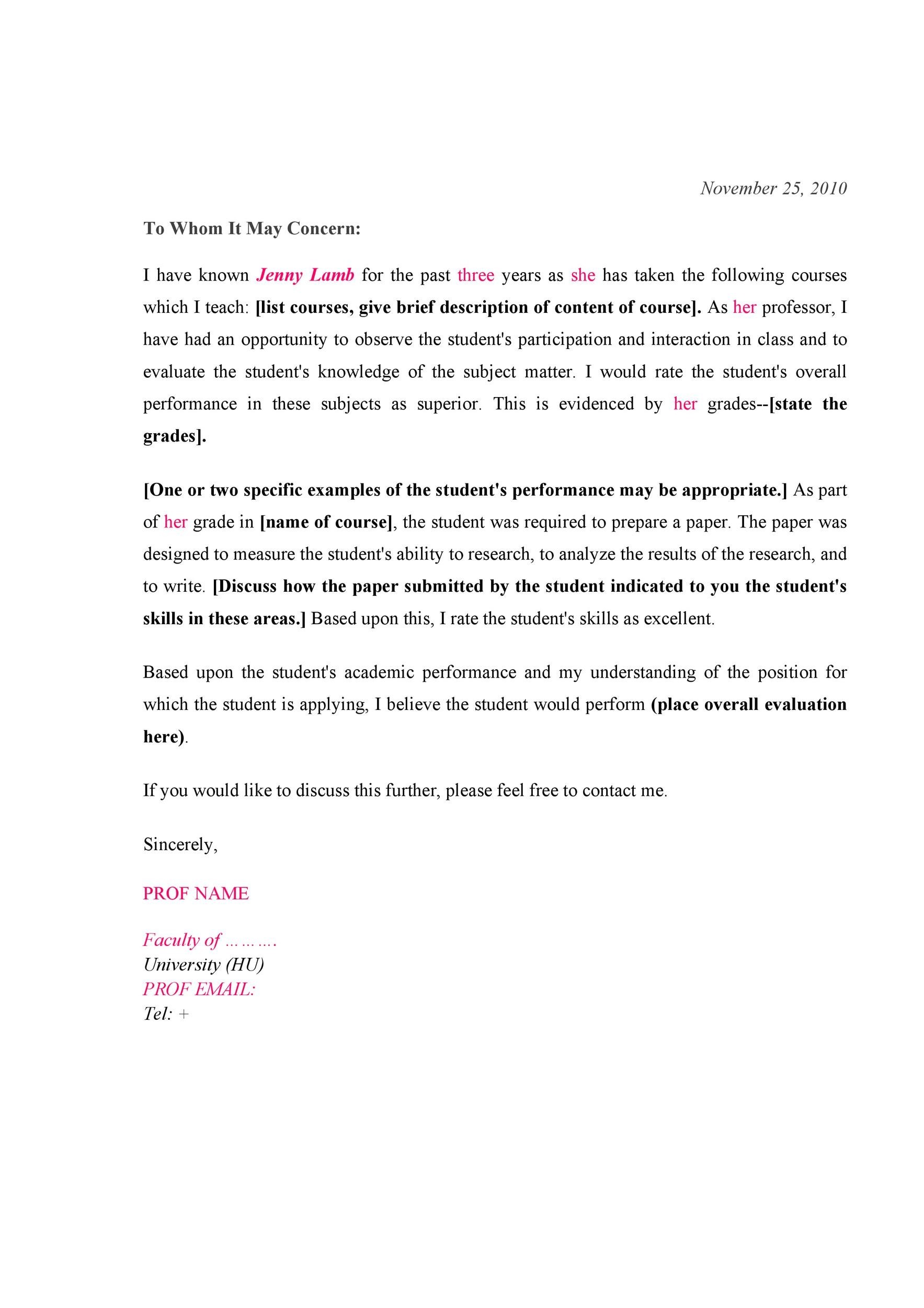 Recommendation Letter for Student