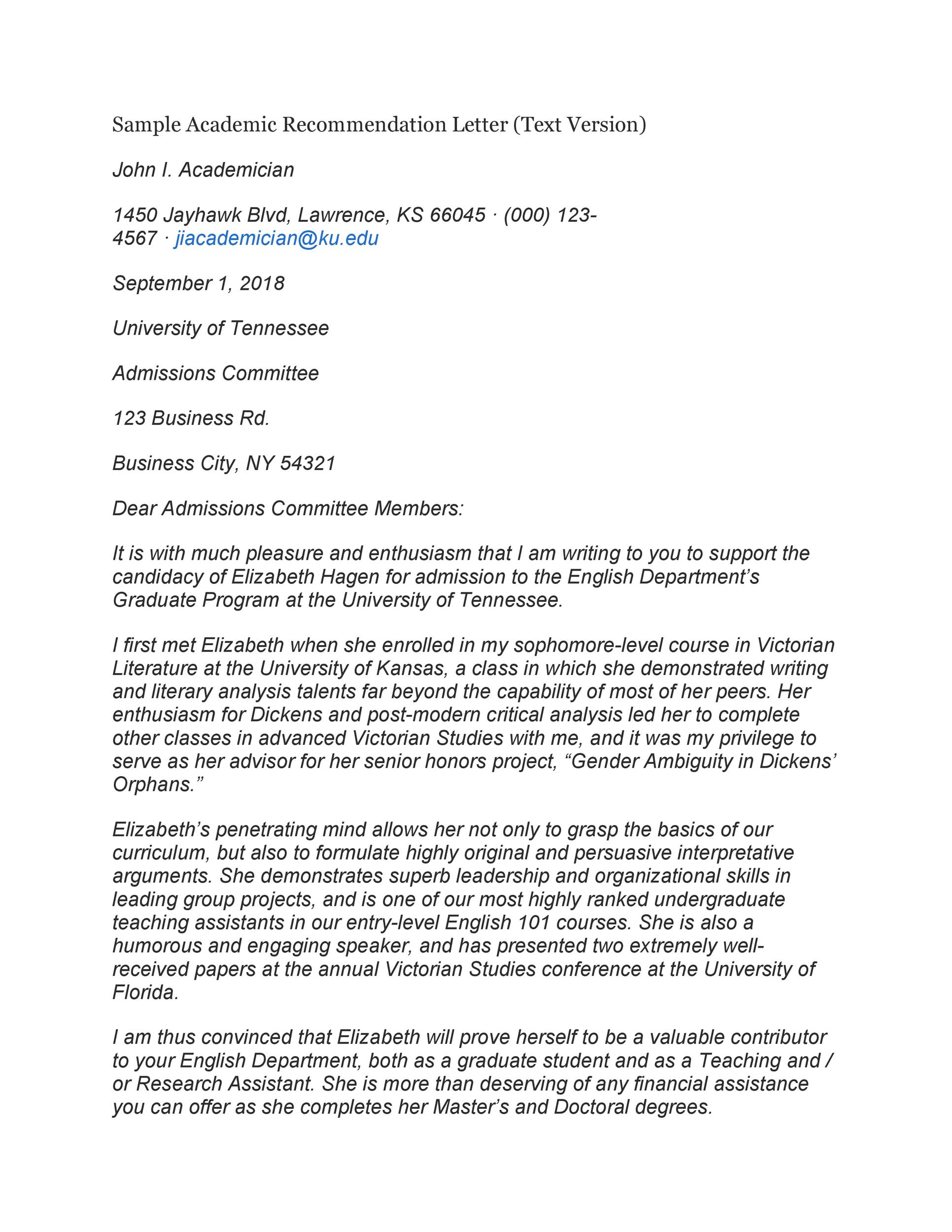 Sample Academic Recommendation Letter