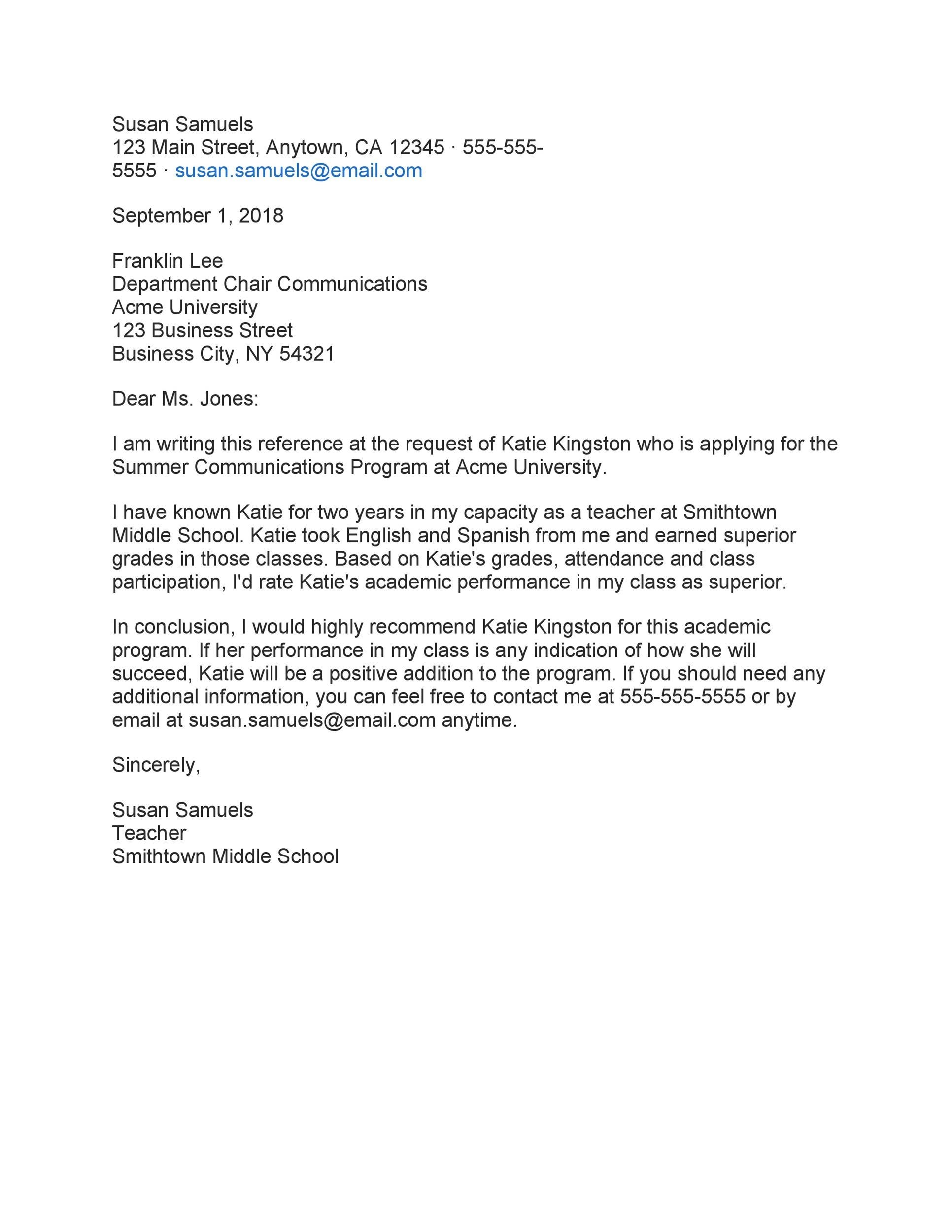 Middle School Recommendation Letter