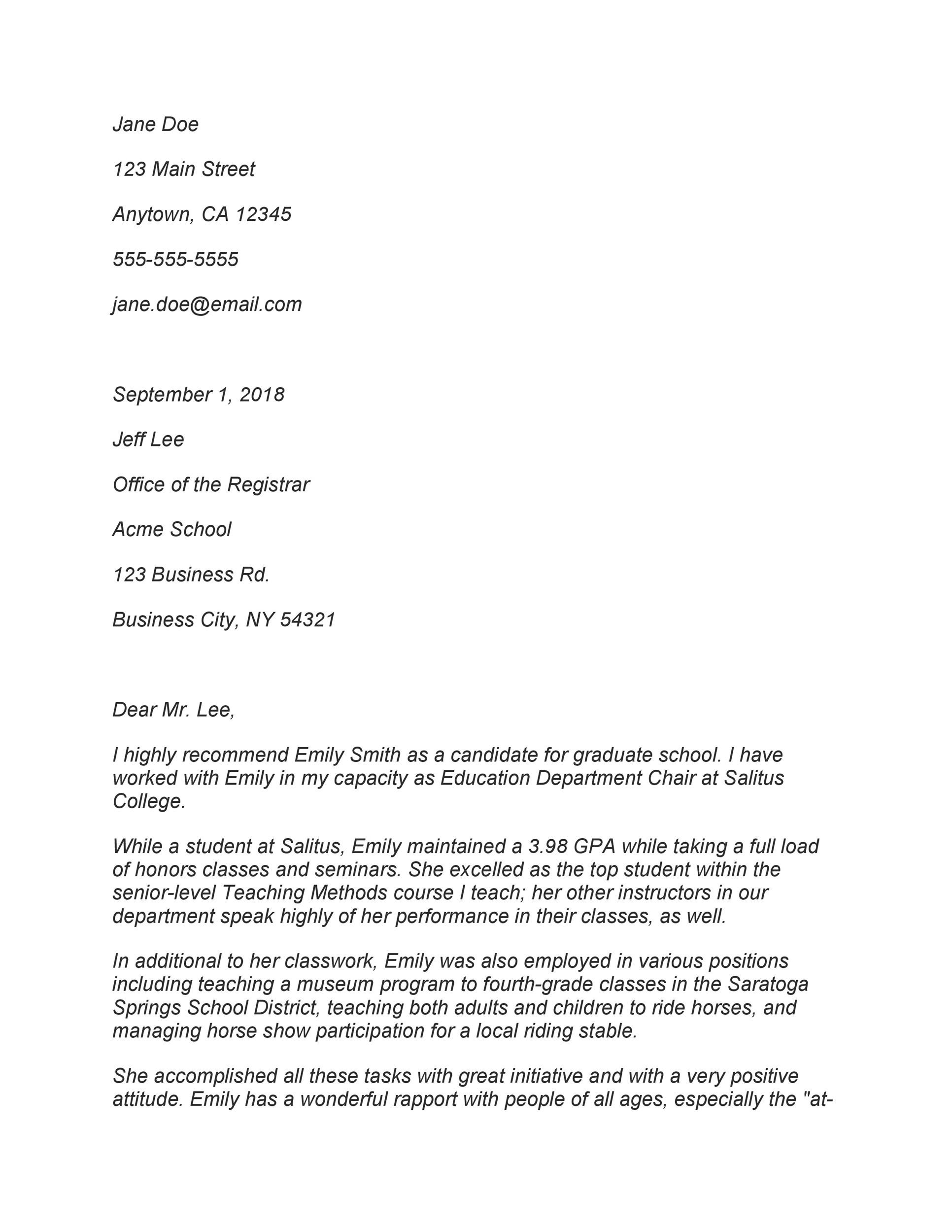 Graduate School Letter of Recommendation