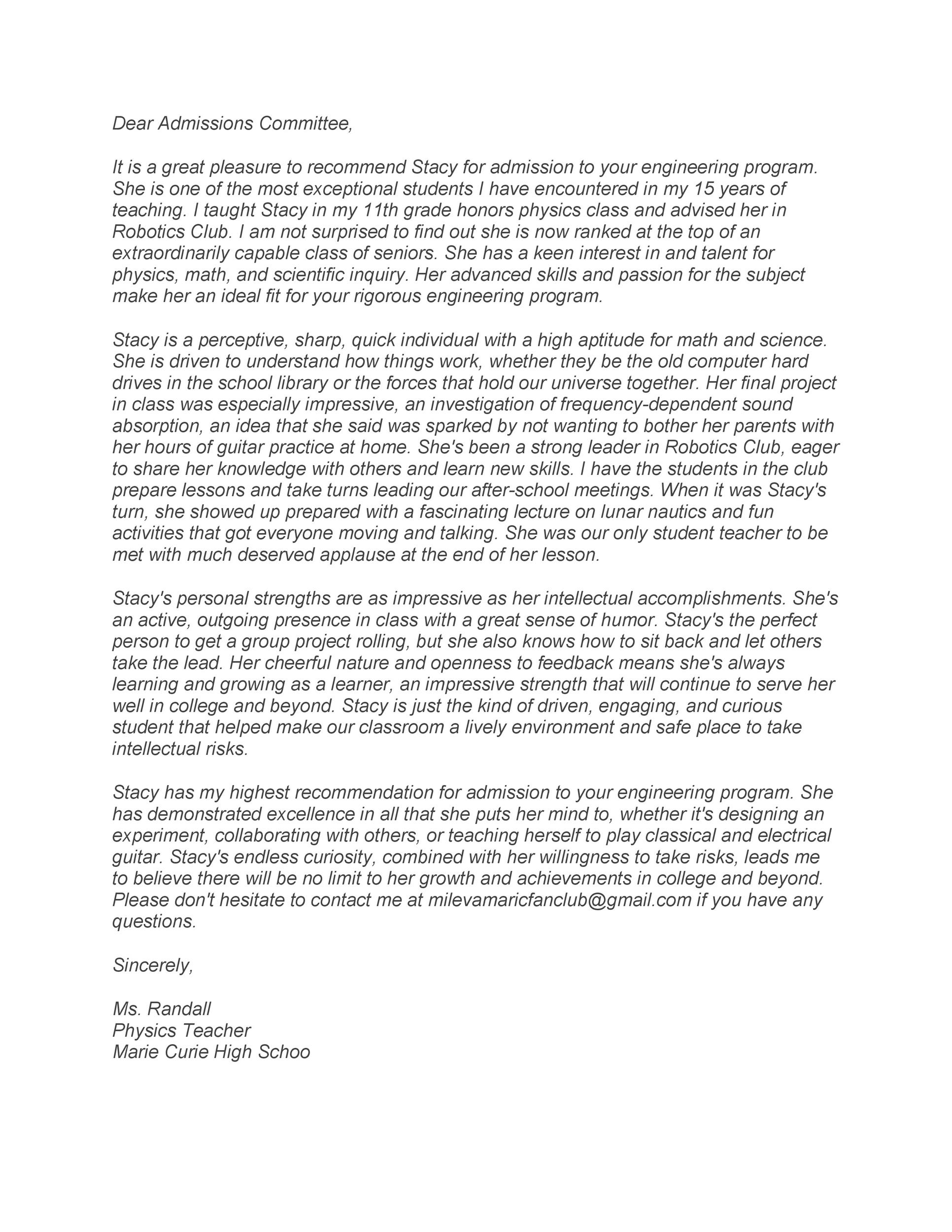 Recommendation Letter from Teacher