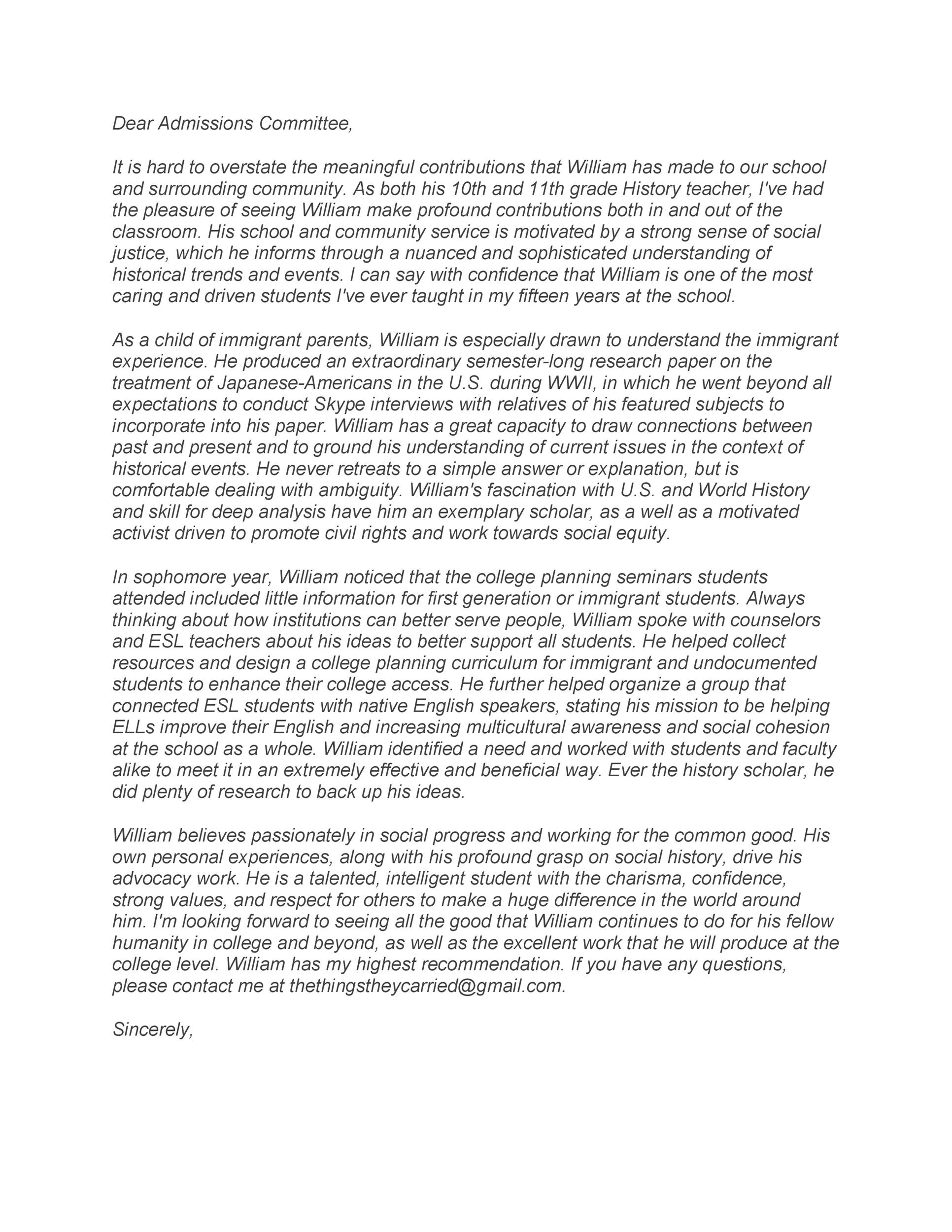 Professional Teacher Recommendation Letter