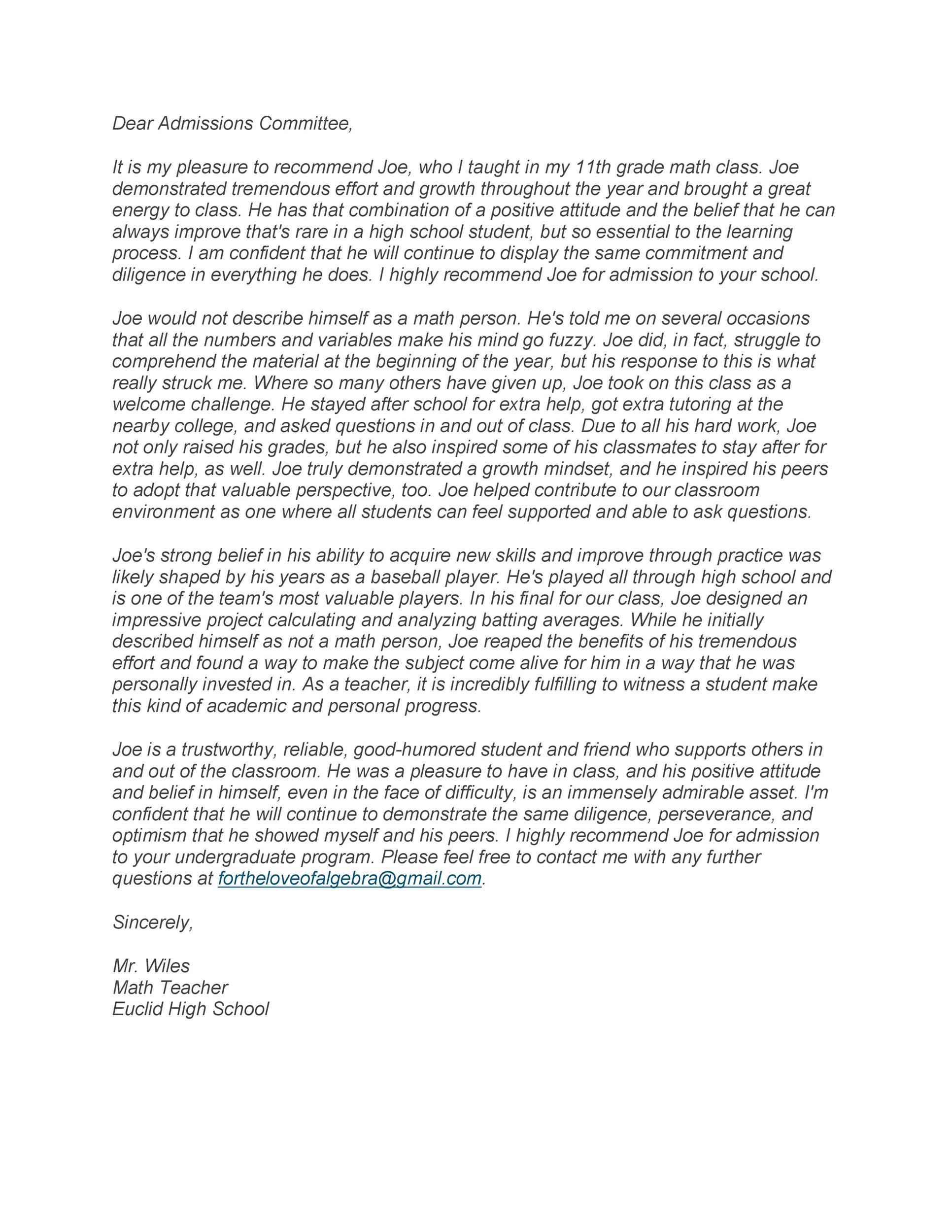 Formal Recommendation Letter from Teacher