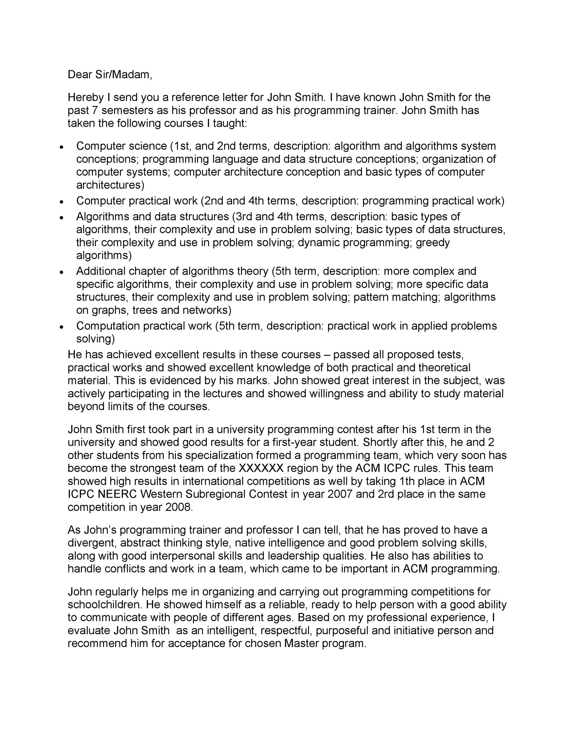 Reference Letter from Teacher Template