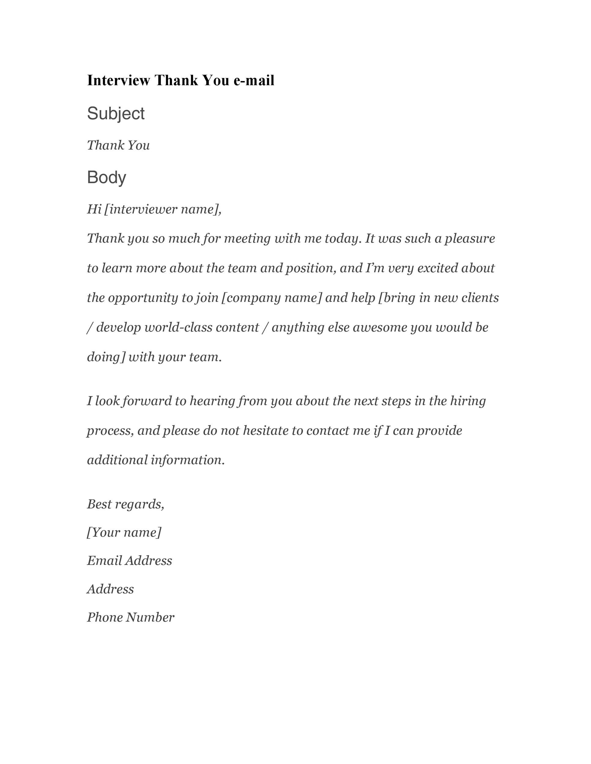 Interview Thank You Email Outline