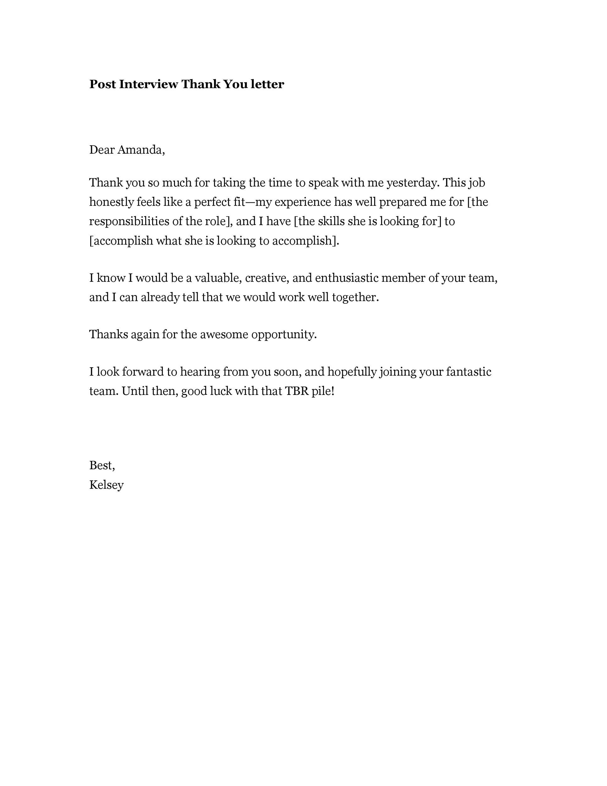 Post Interview Thank You Letter