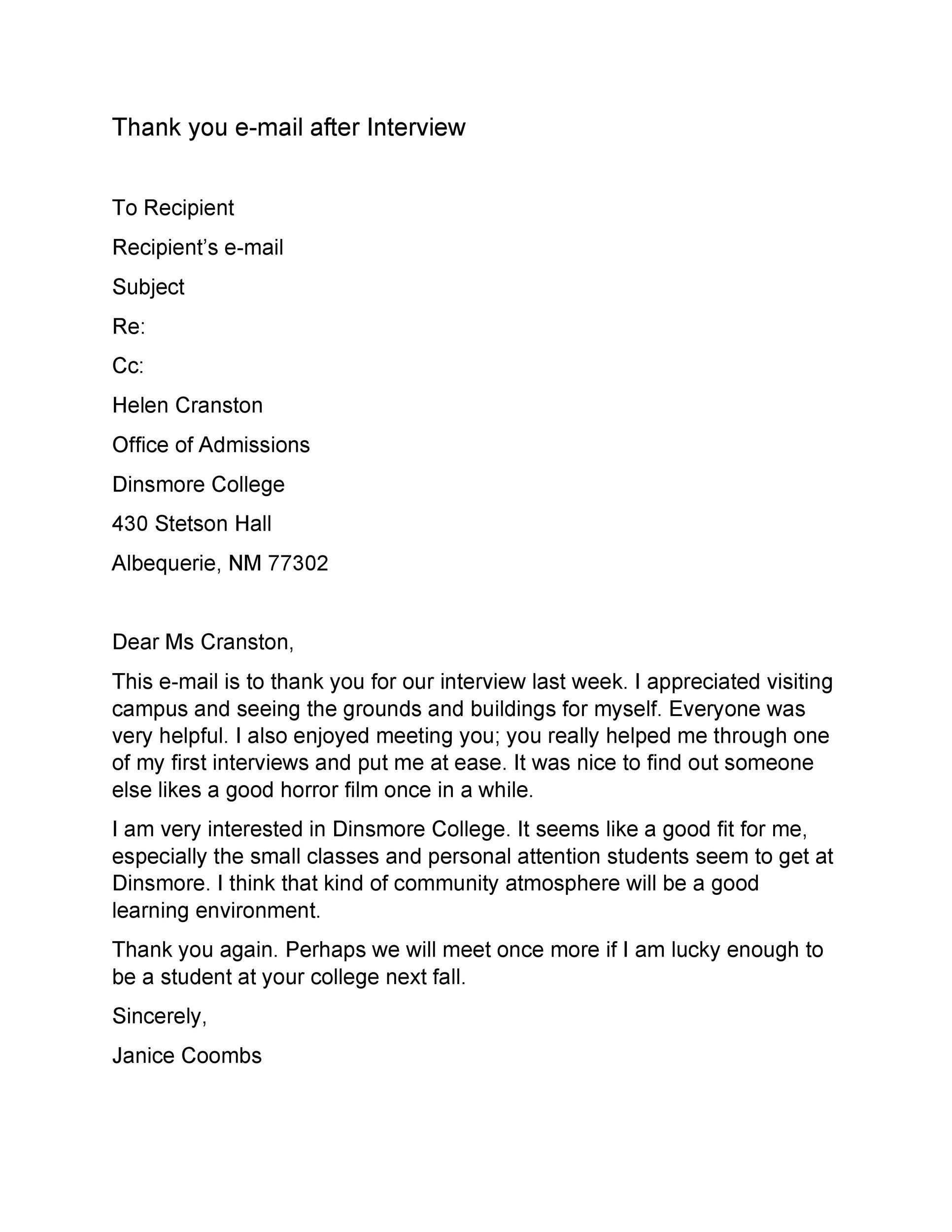 Post-Interview Thank You Email Sample
